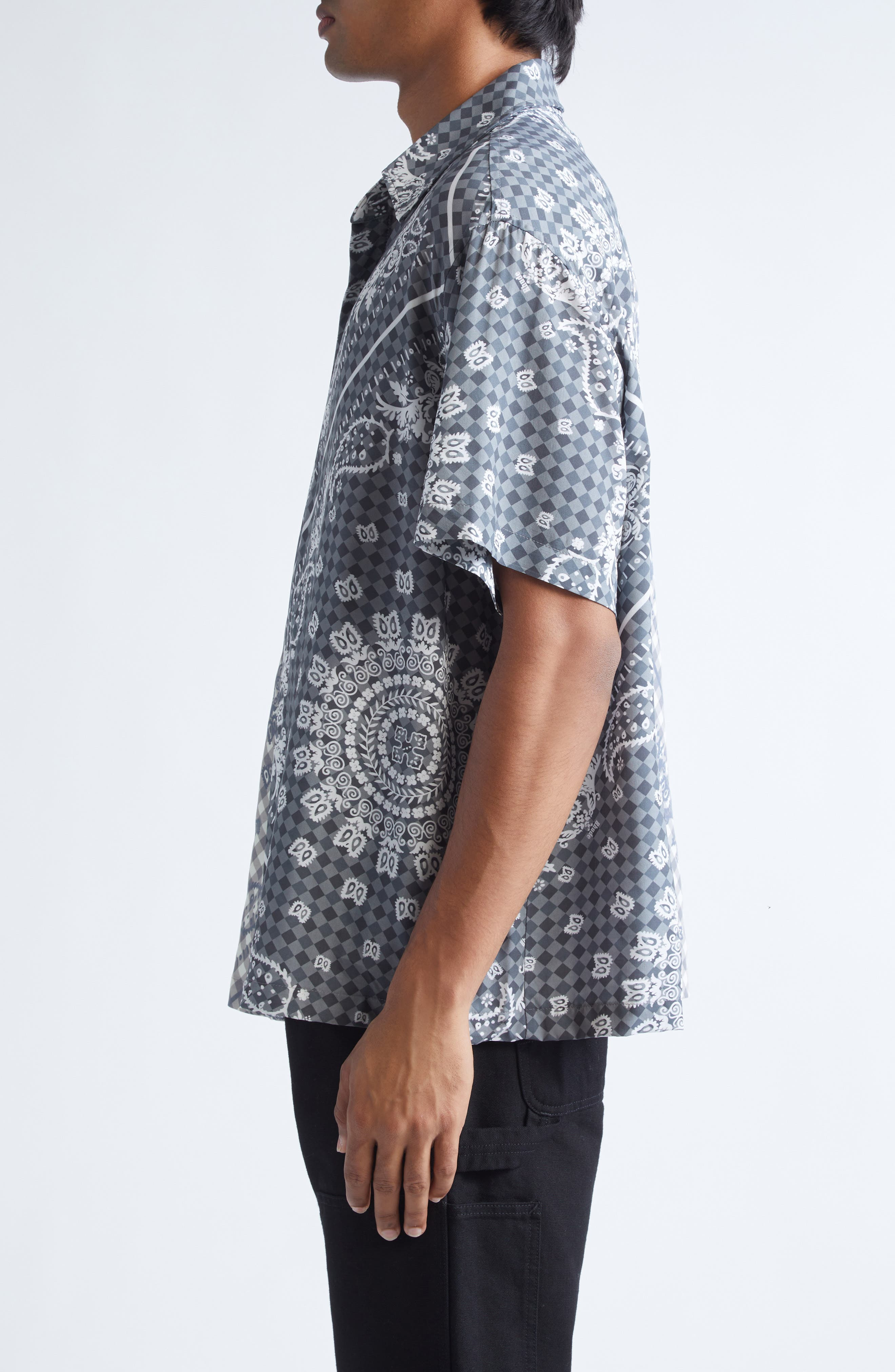 Rhude Split Gingham & Bandana Print Short Sleeve Button-Up Shirt in Black /White 3028 at Nordstrom - 3