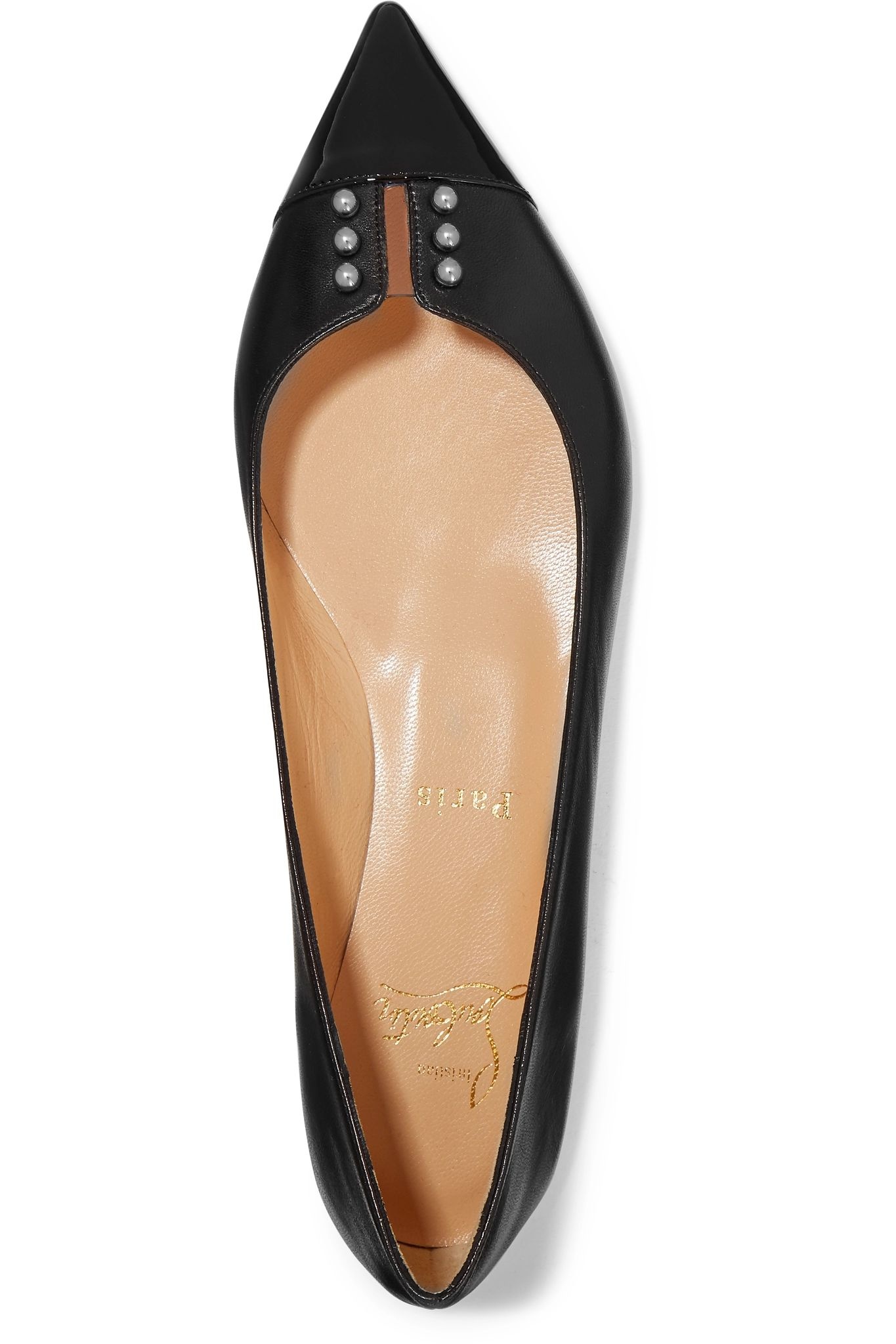 Predupump embellished patent-leather trimmed leather point-toe flats - 6