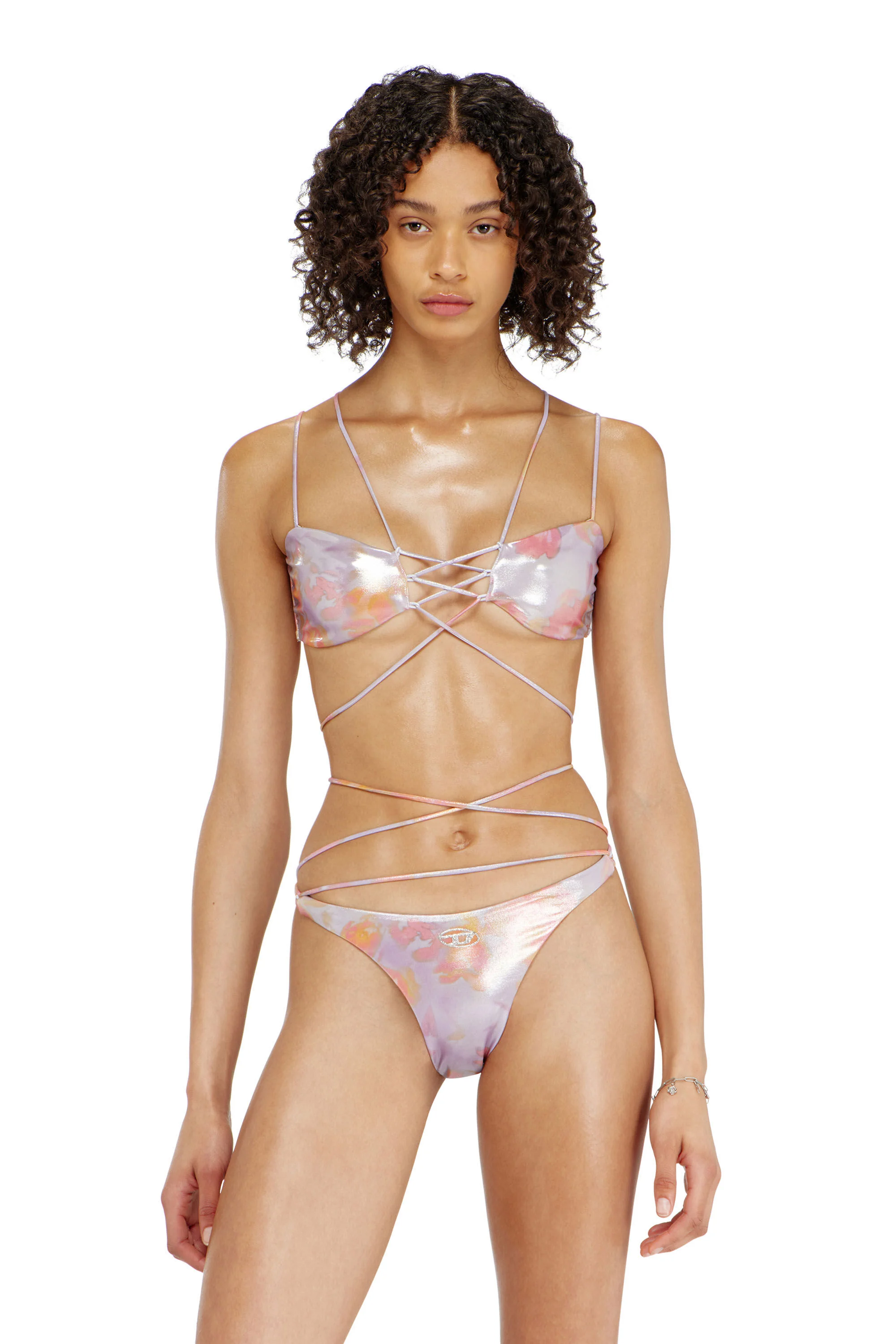 STRAPPY METALLIC BIKINI TOP WITH FLORAL PRINT - 1