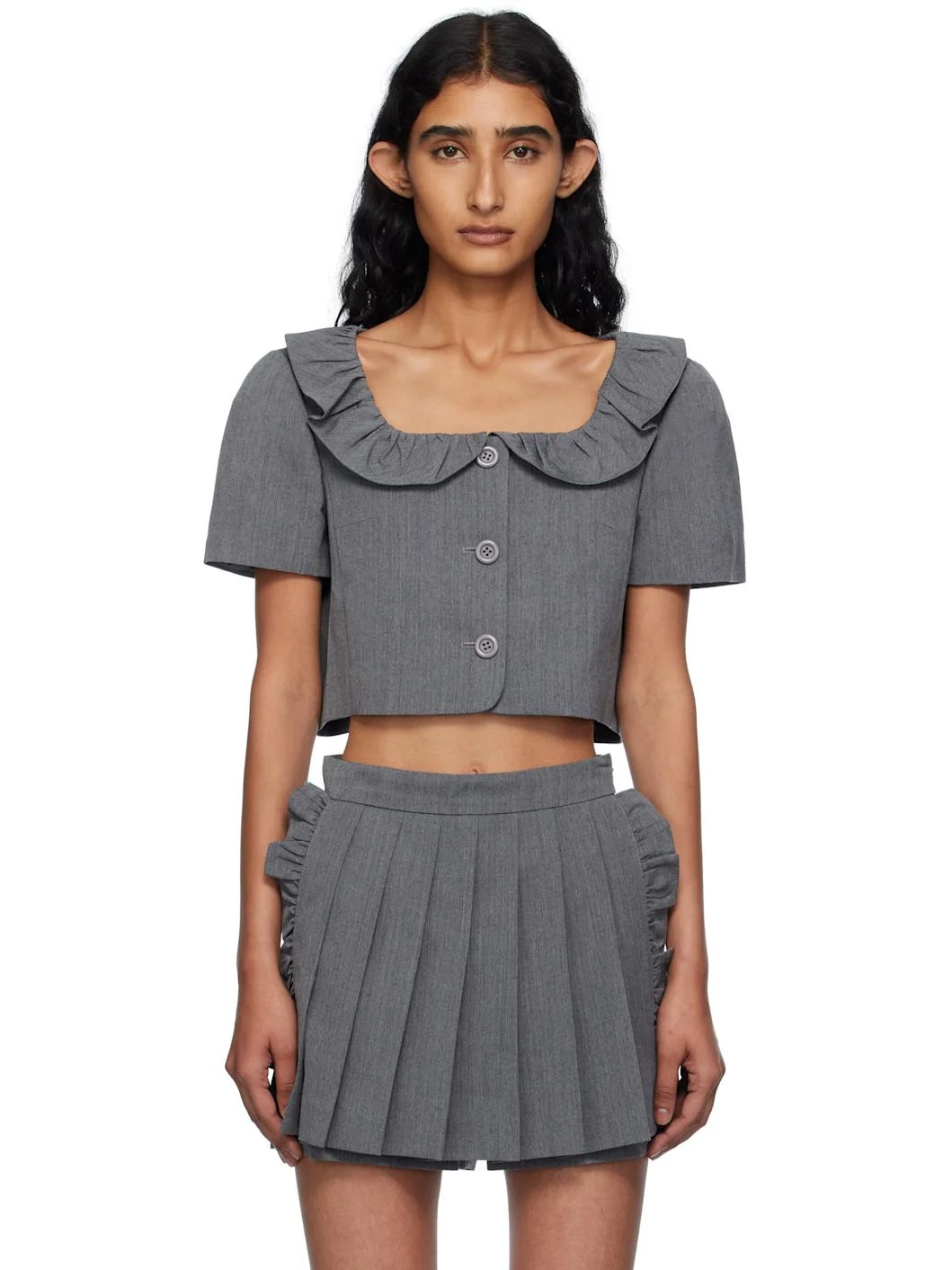 Gray Frilled Neck Cropped Top - 1