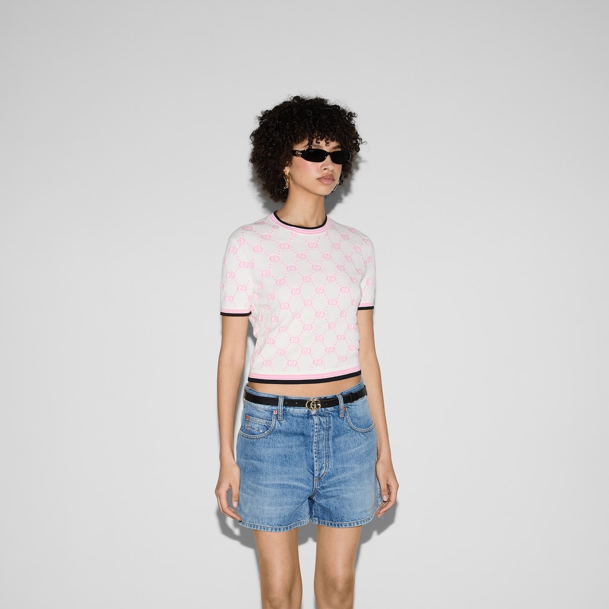Cotton crewneck top with GG intarsia - 3