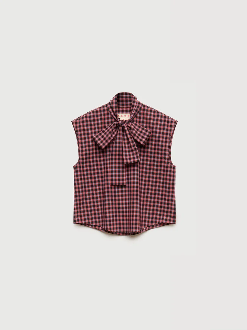 RED CHECKED POPLIN SLEEVELESS BLOUSE WITH NECK TIE - 1