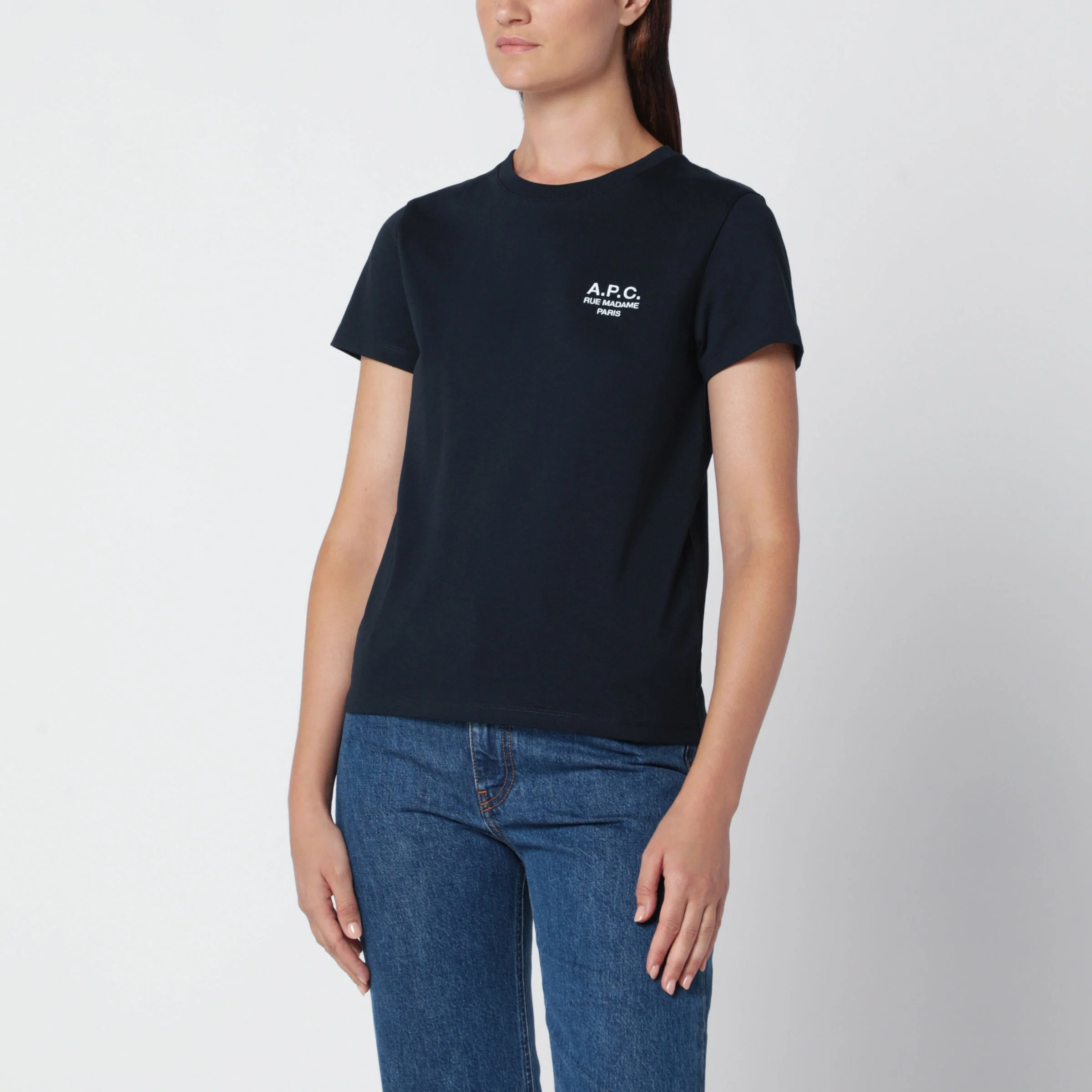 Dark blue cotton T-shirt with embroidery - 1