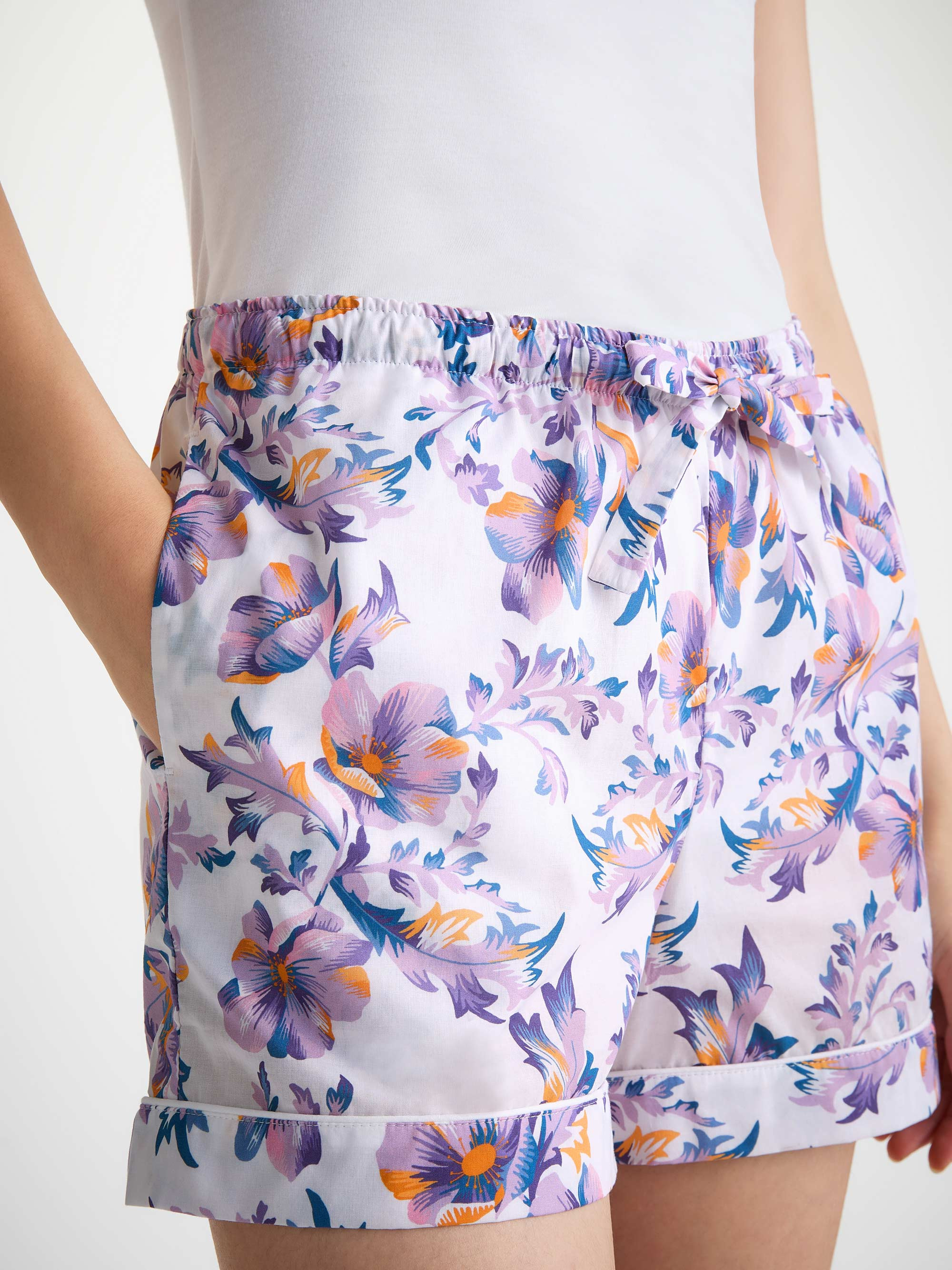 Women's Lounge Shorts Cotton Batiste White Wildflowers Print - 2