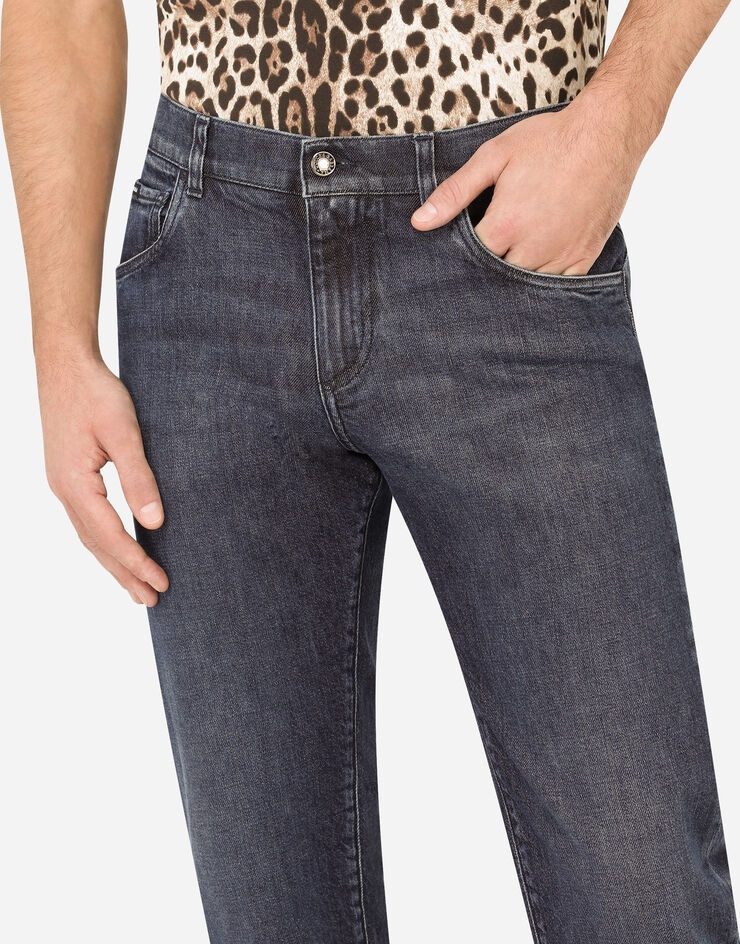 Blue wash slim-fit stretch jeans with leopard print - 4