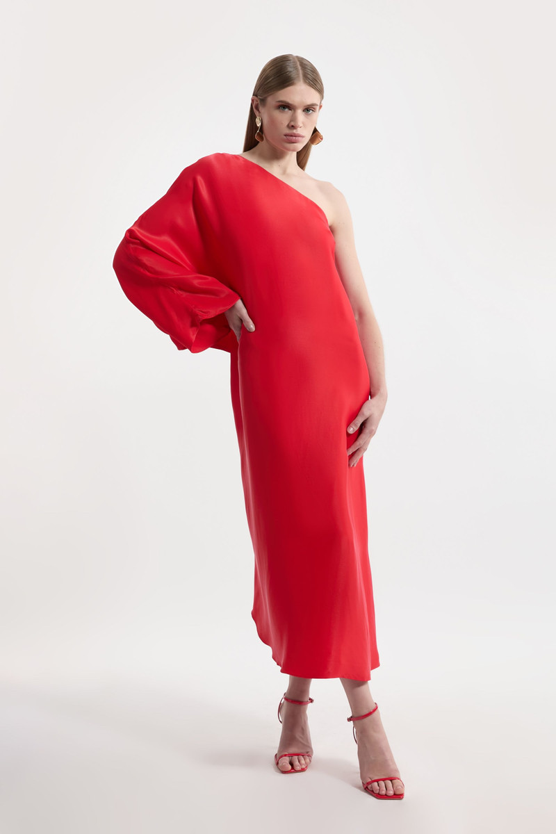 One Shoulder Draped Satin Woven Maxi Dress 1