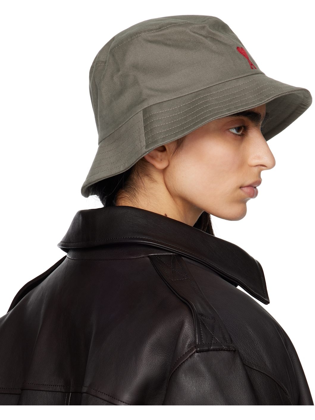 Gray Cotton Ami de Coeur Embroidery Bucket Hat - 3