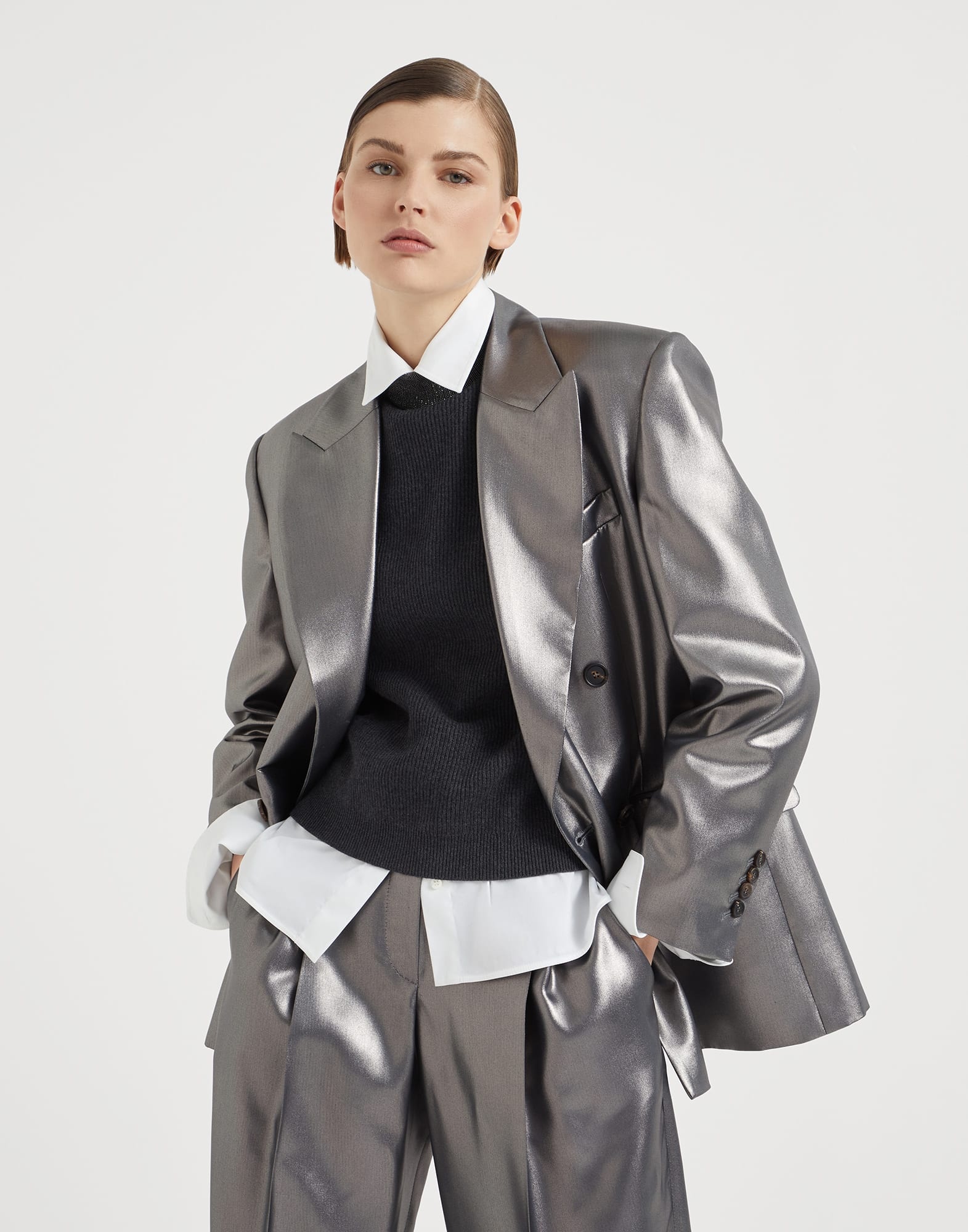 Lamé silk twill blazer with monili - 4