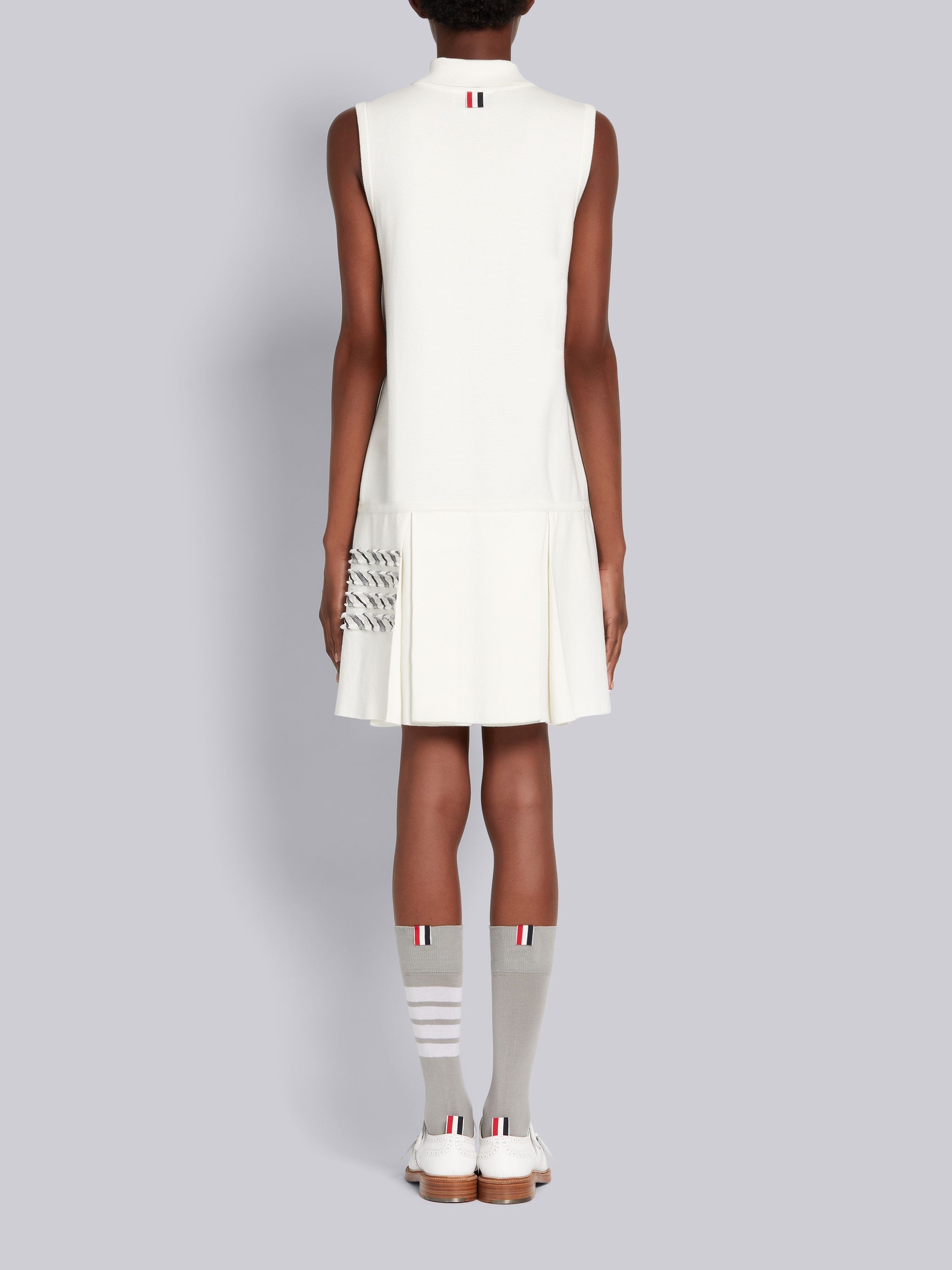 White Cotton Milano Stitch Silk Rep 4-Bar Stripe Sleeveless Pleated Polo Dress - 3