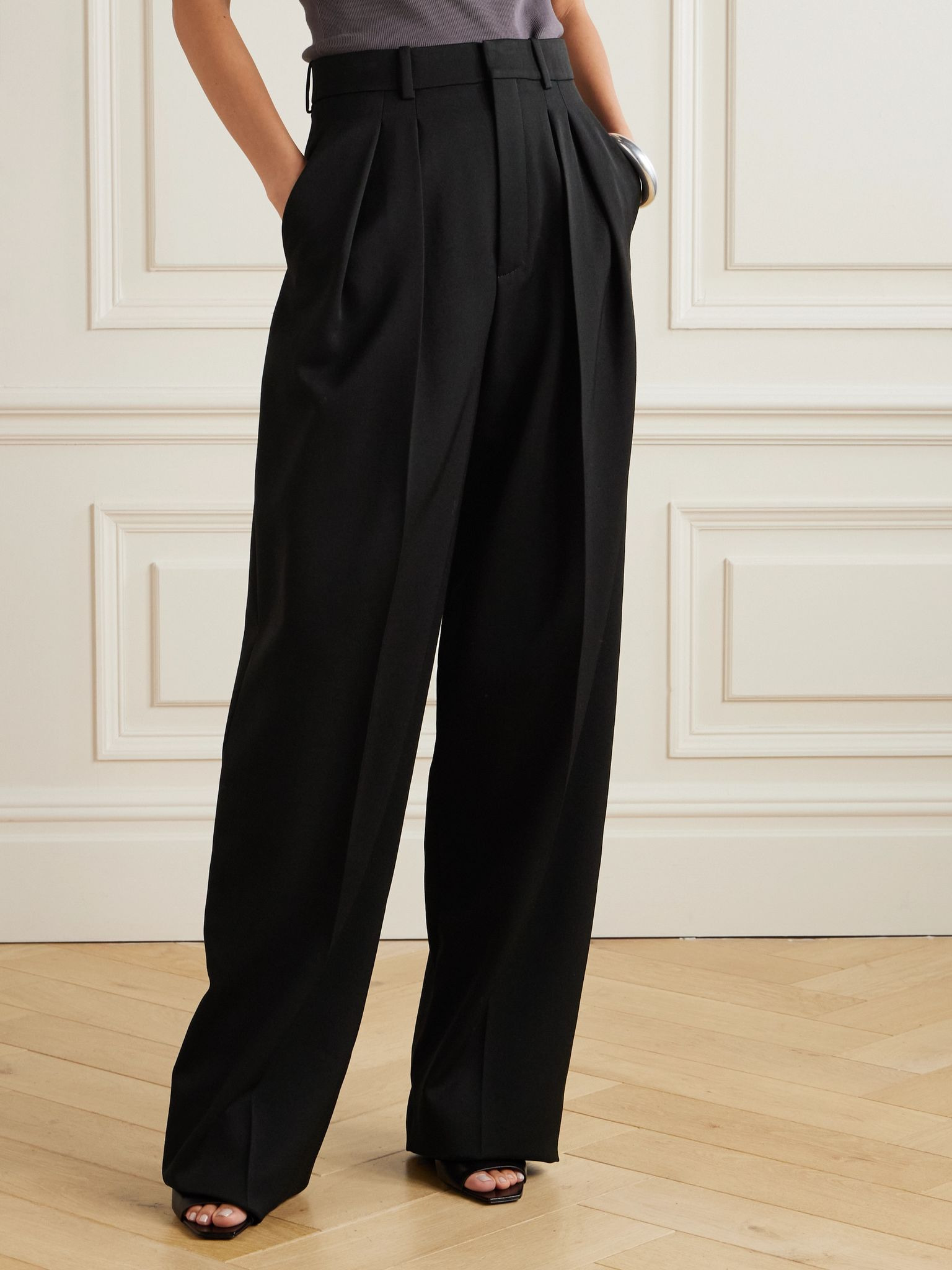 Pleated wool wide-leg pants Black - 3