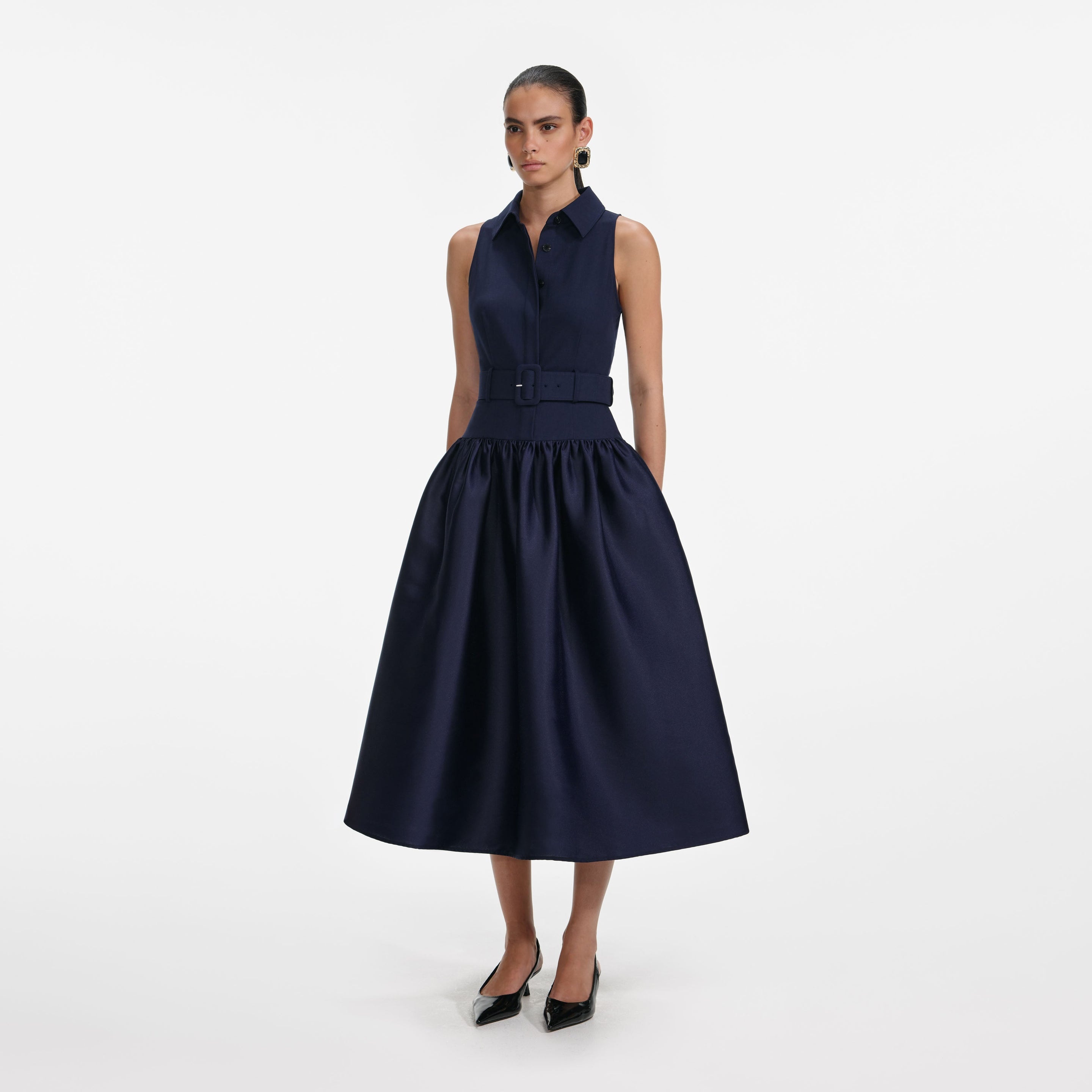 Navy Belted Twill Midi Dress - 2