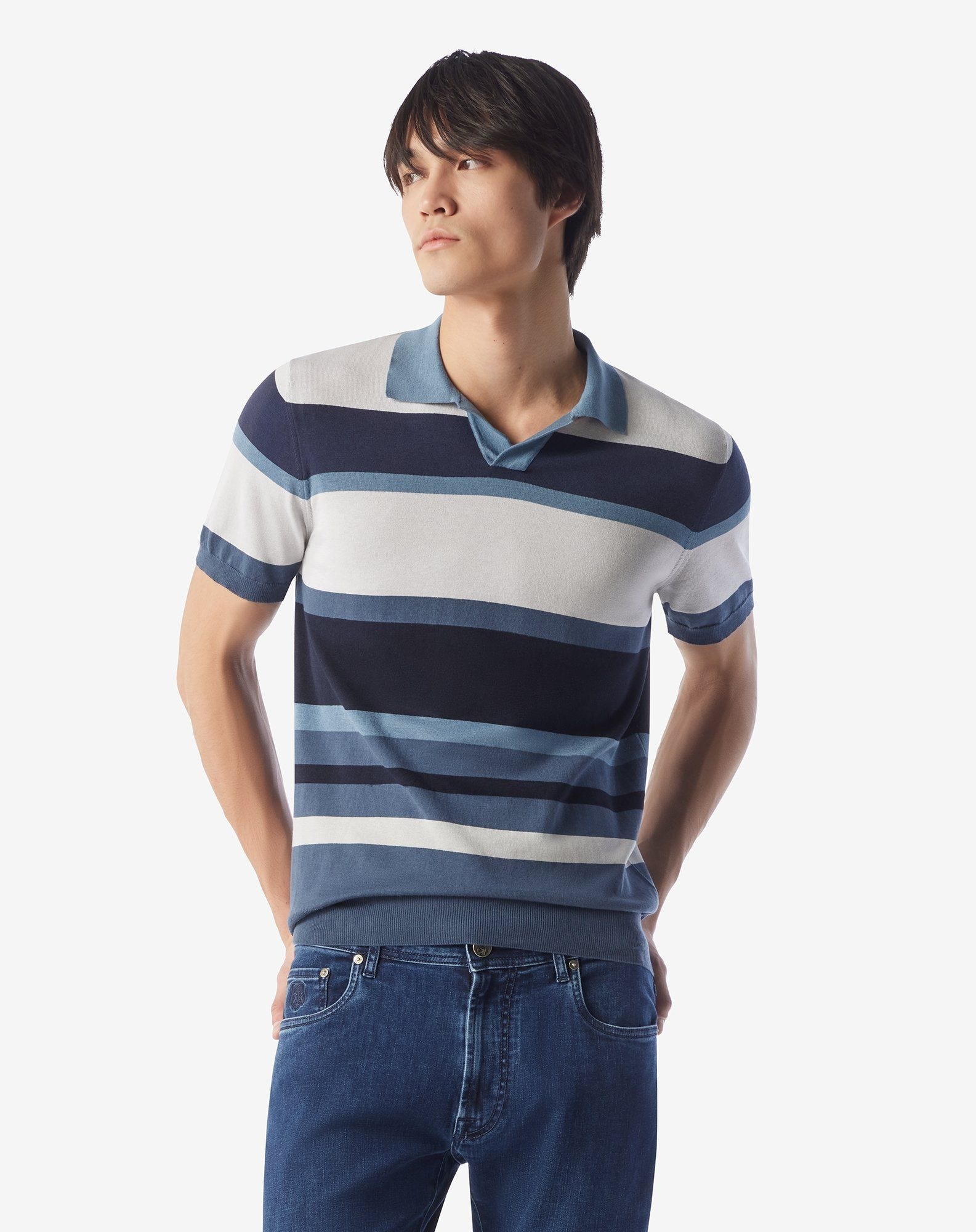 Blue buttonless silk and cotton polo shirt - 2