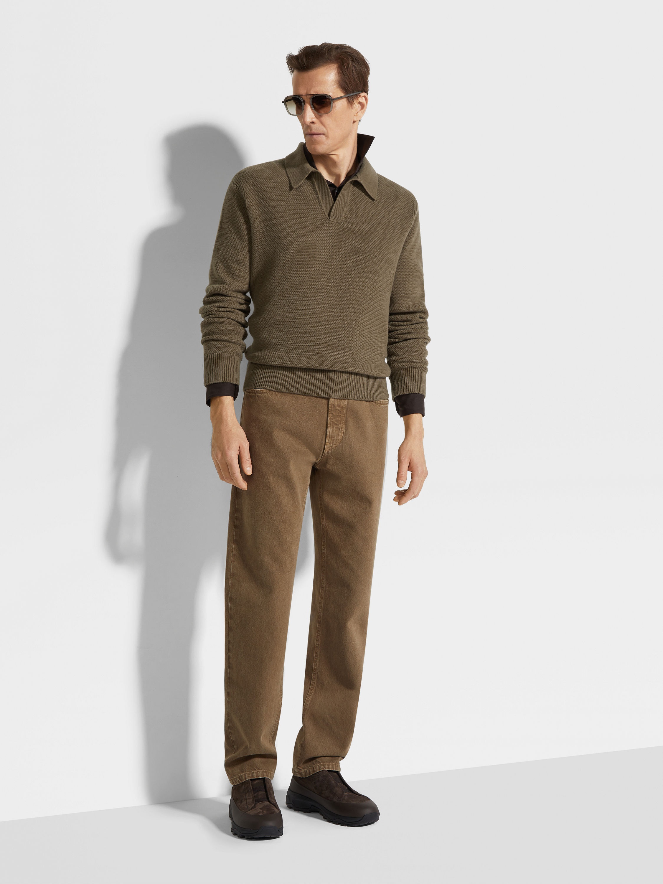 DARK KHAKI MÉLANGE OASI CASHMERE POLO SHIRT - 3