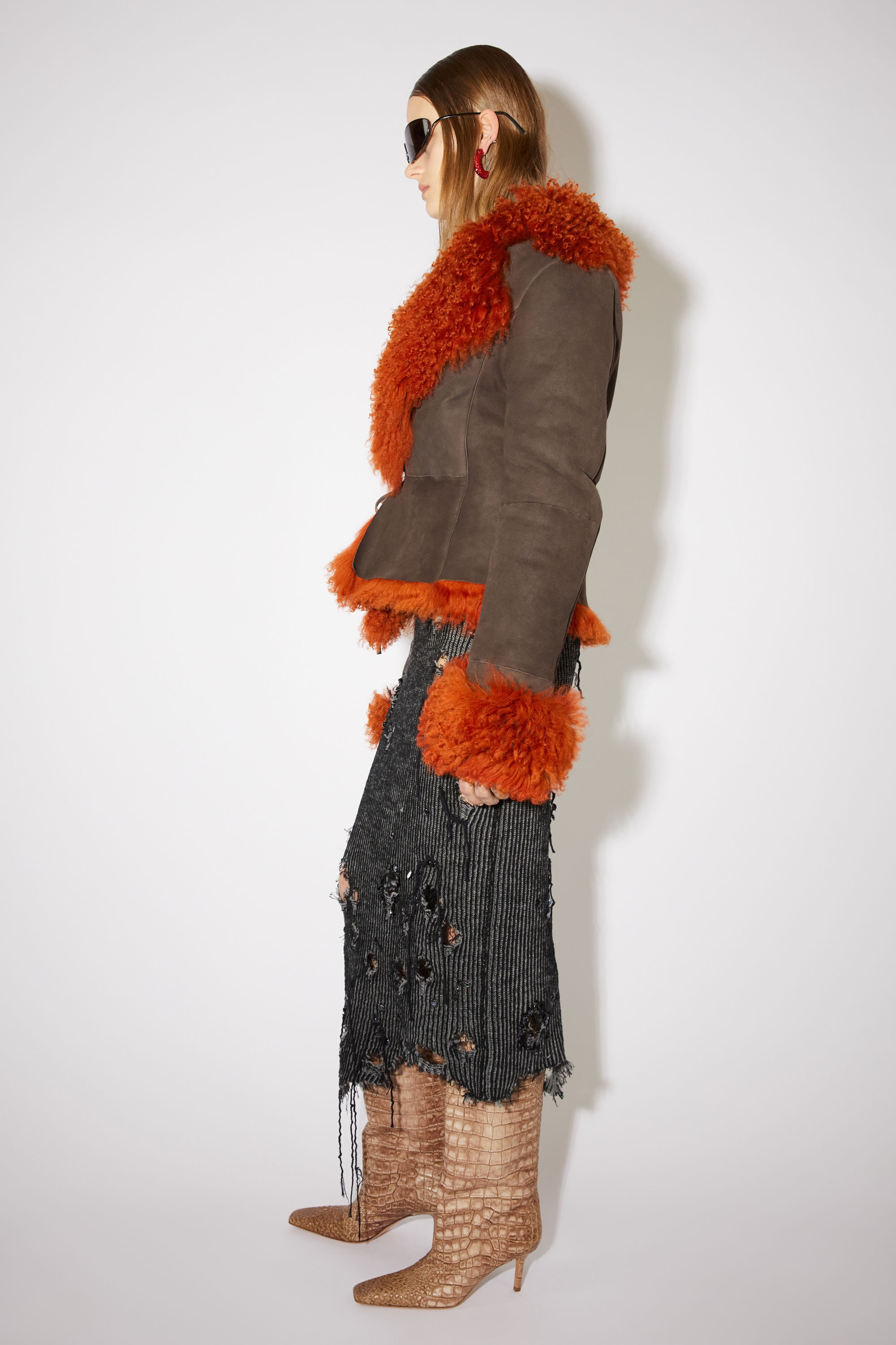 Shearling fur leather jacket - Rust orange - 4