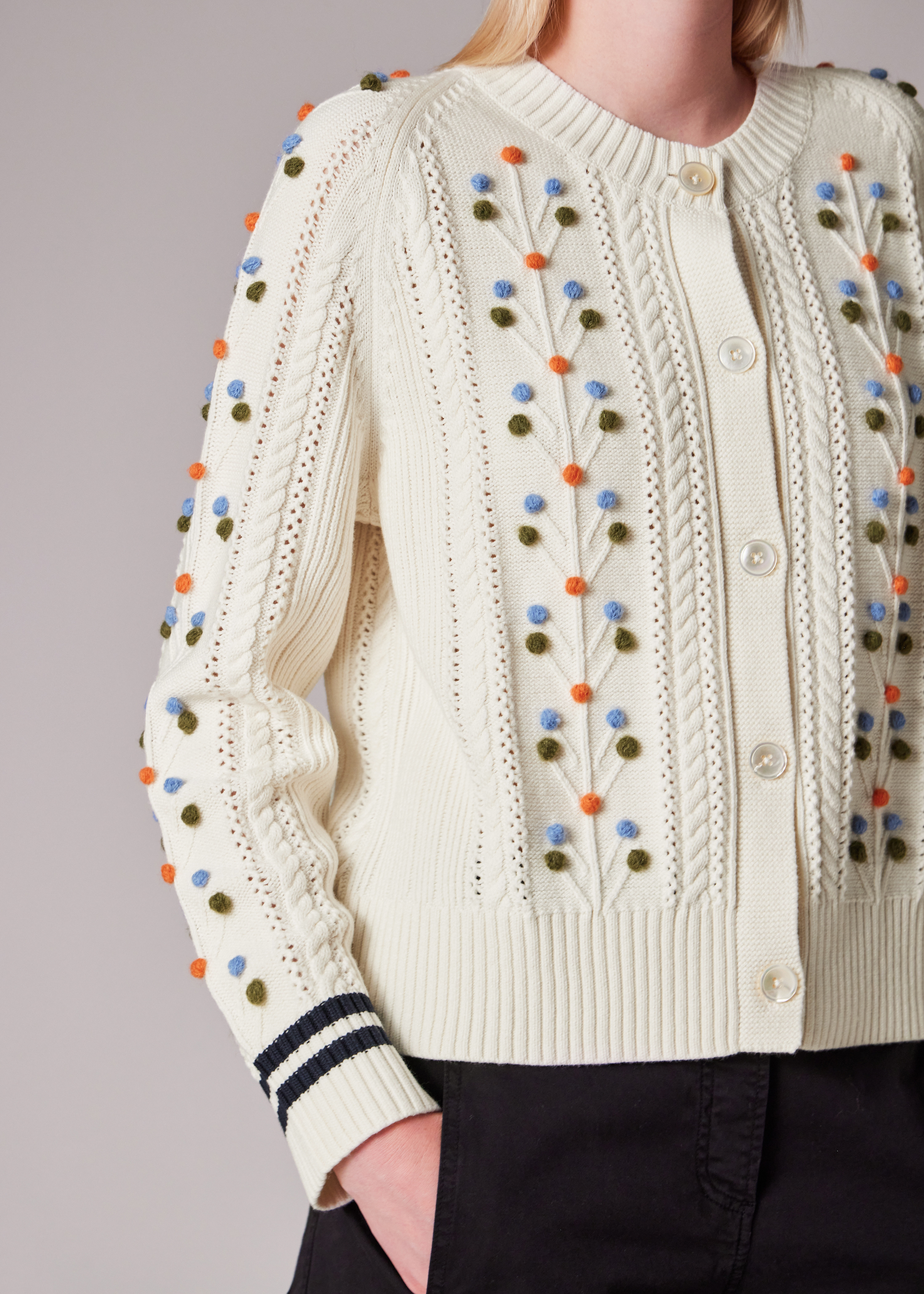 Women's Ecru Cable Knit Pom Pom Cardigan - 4