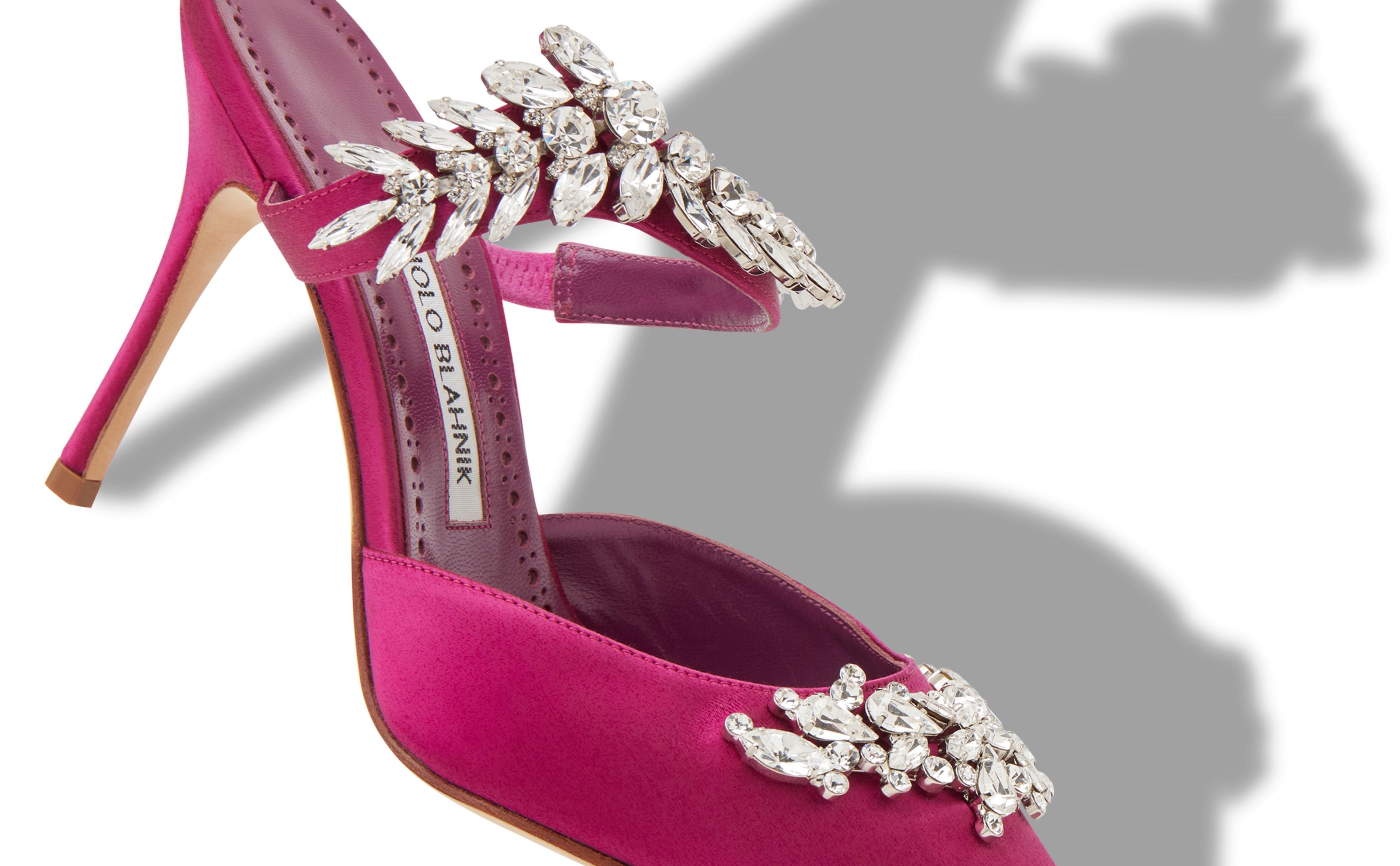 Fuchsia Satin Crystal Embellished Mules - 4