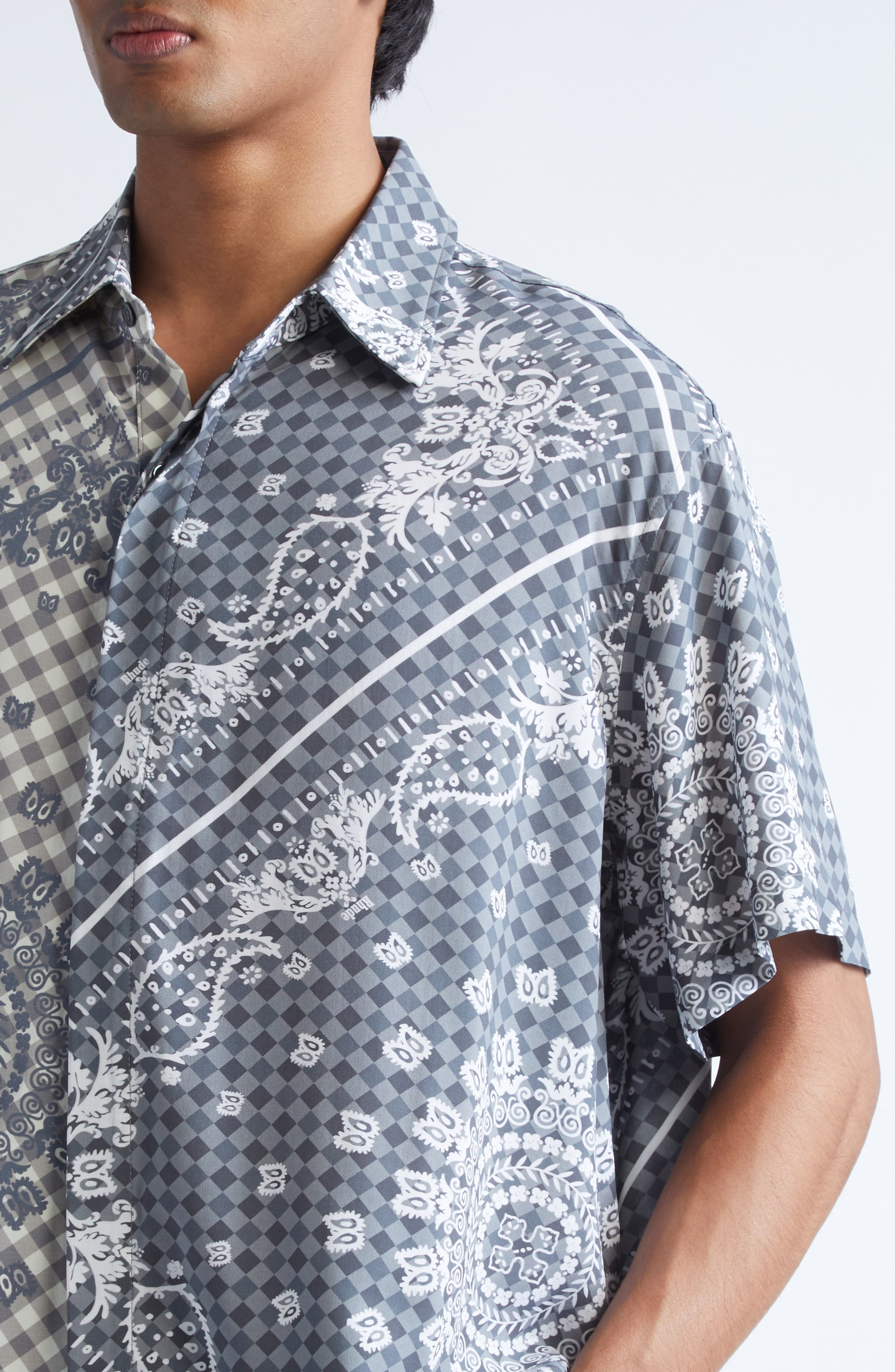 Rhude Split Gingham & Bandana Print Short Sleeve Button-Up Shirt in Black /White 3028 at Nordstrom - 4