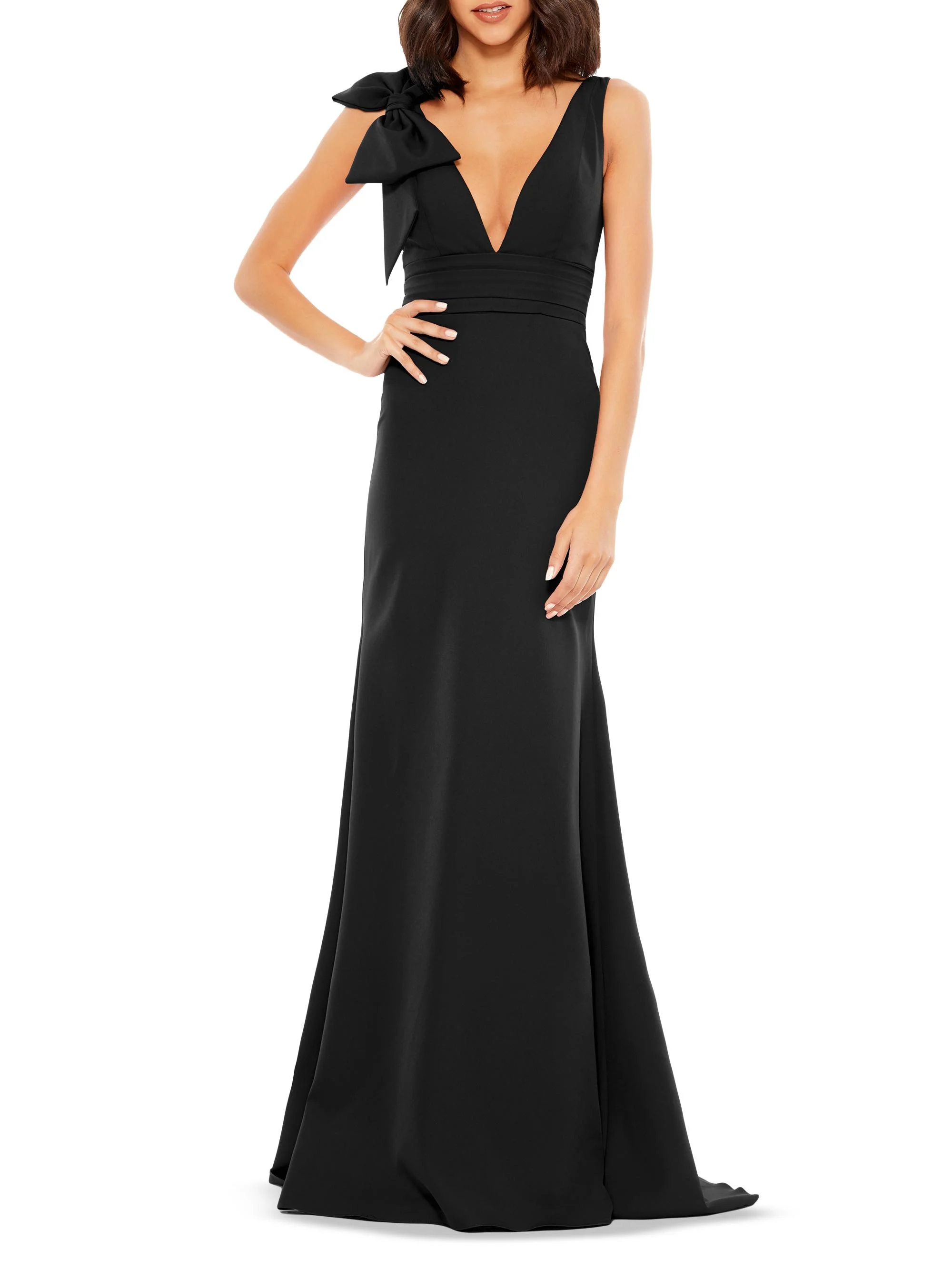 Women's Bow V-Neck A-Line Gown - Black - 1