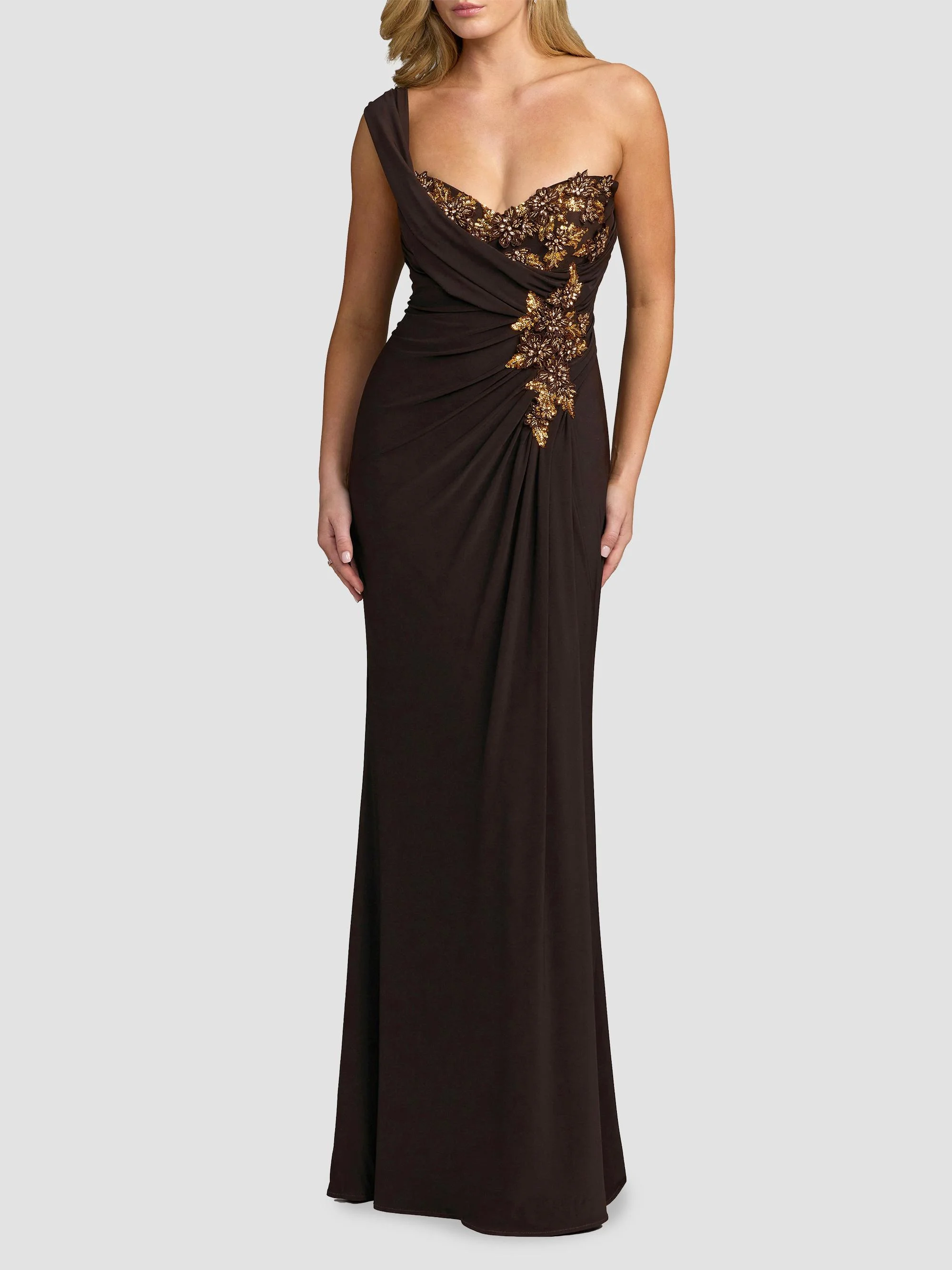 Women's Embellished One-Shoulder Draped Gown - Chocolate - 1