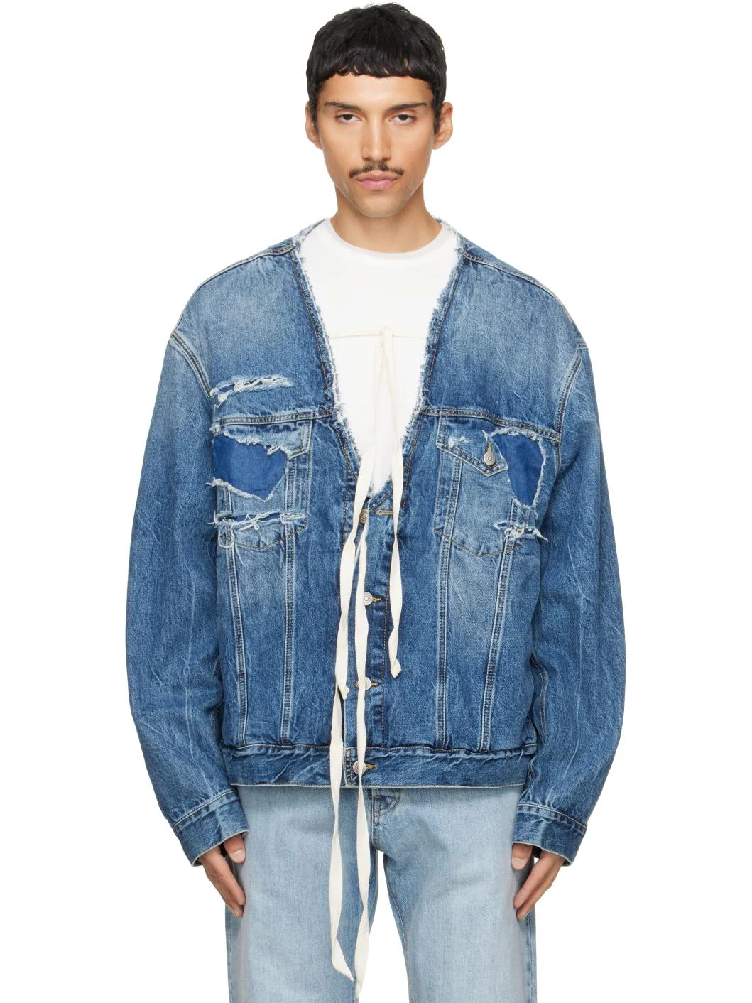 Blue Distressed Deep Open Jacket - 1