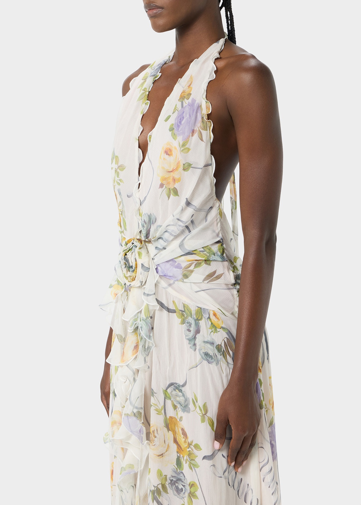 RUFFLED LONG DRESS IN PRINTED CREPONNE WITH ROSE DECORATION - 5