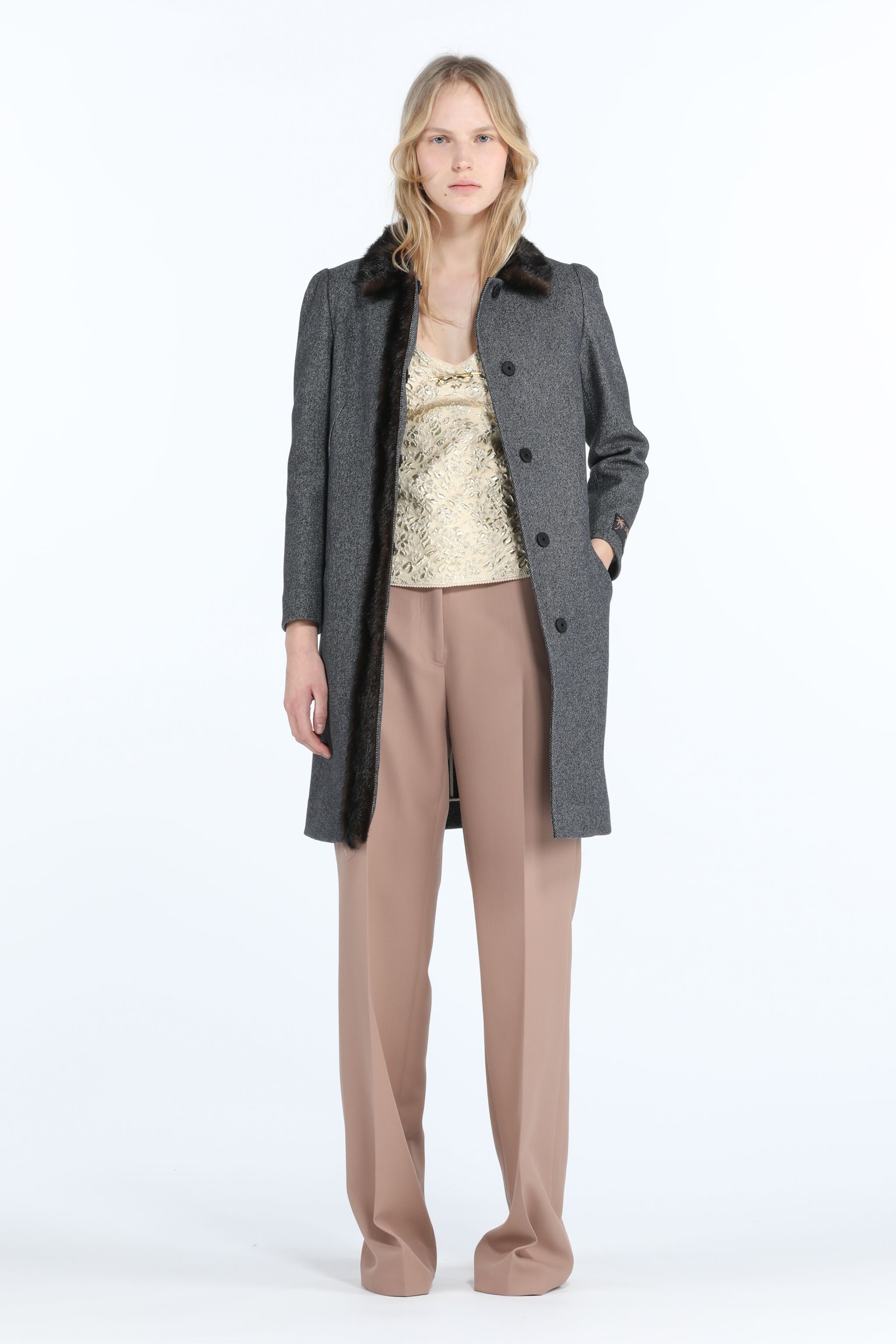 FAUX FUR-TRIM HERRINGBONE COAT - 4