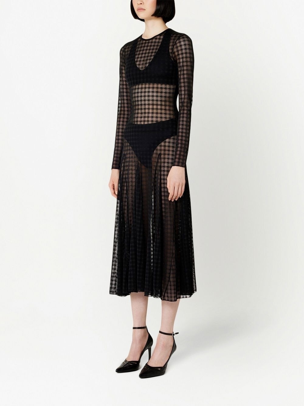 checked semi-sheer midi dress - 3