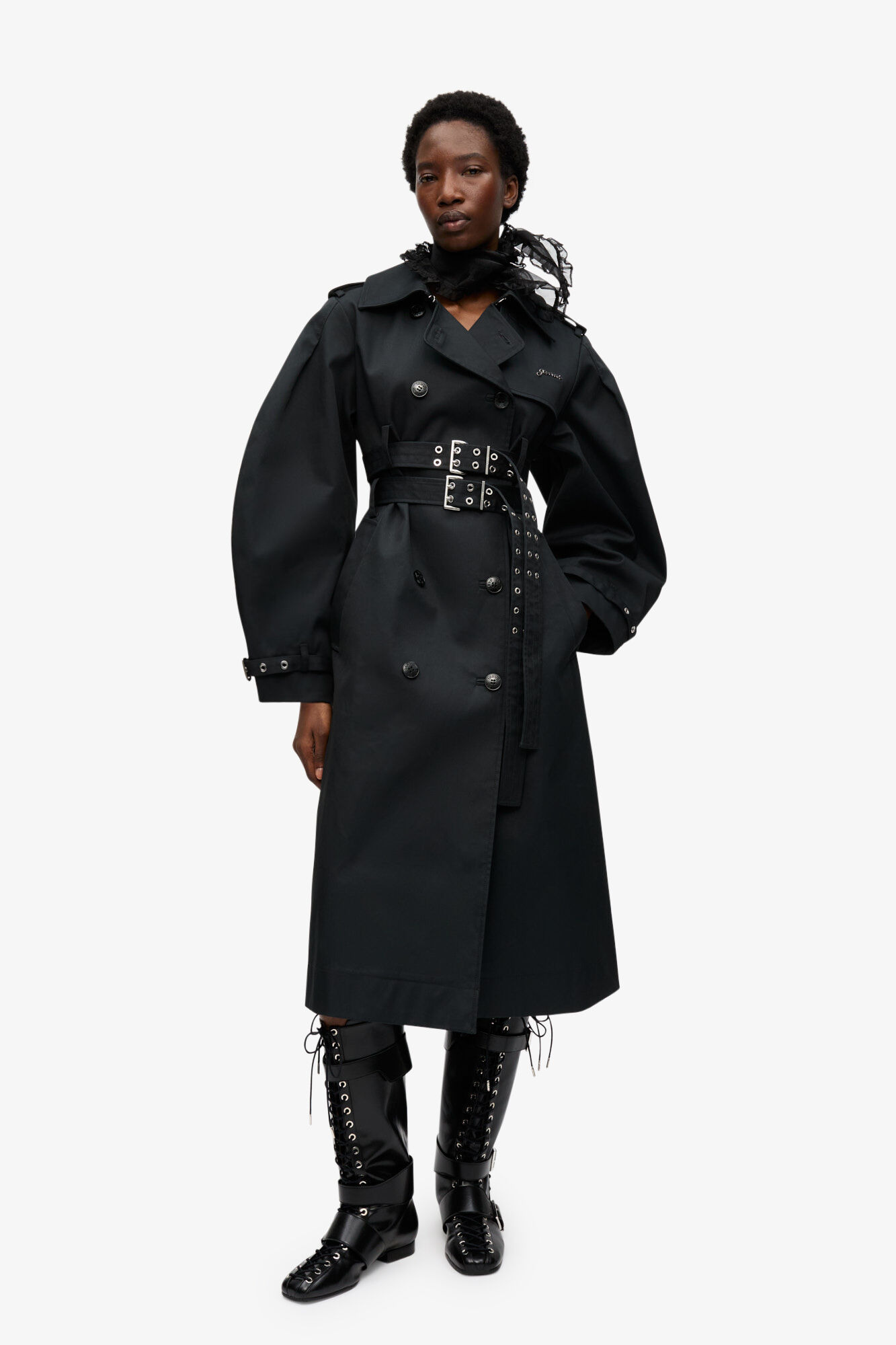 BLACK BONDED COTTON TRENCH COAT - 2