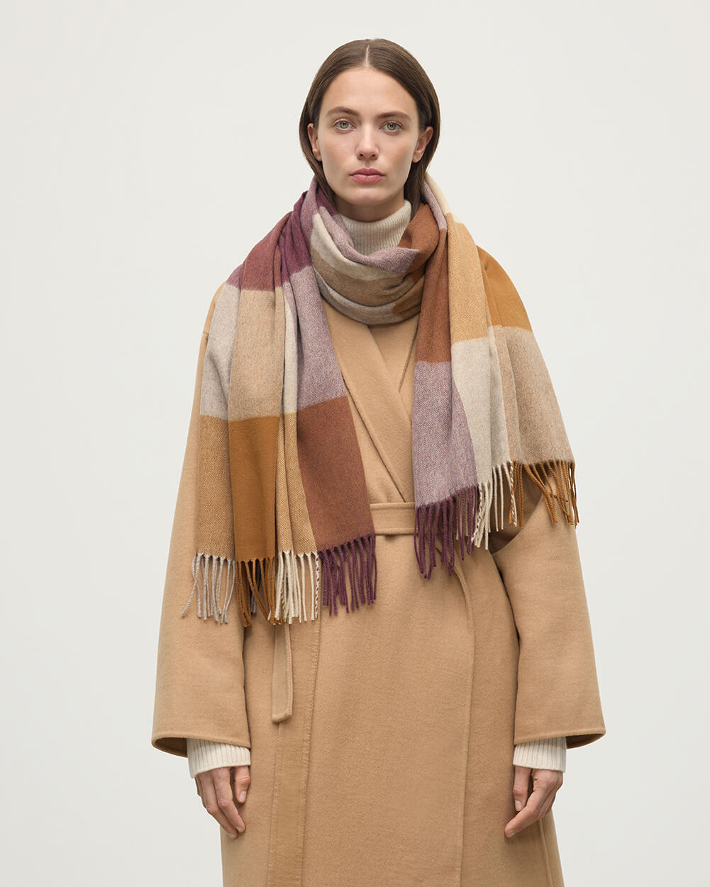 Block Check Brown Cashmere Stole - 2