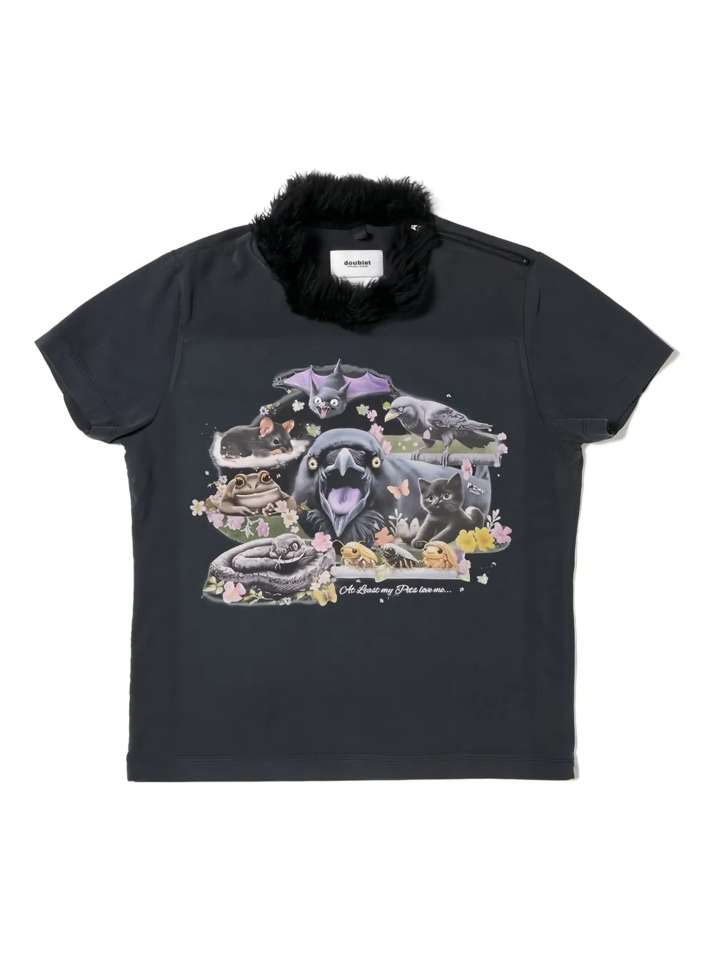 furry-collar graphic-print T-shirt - 1