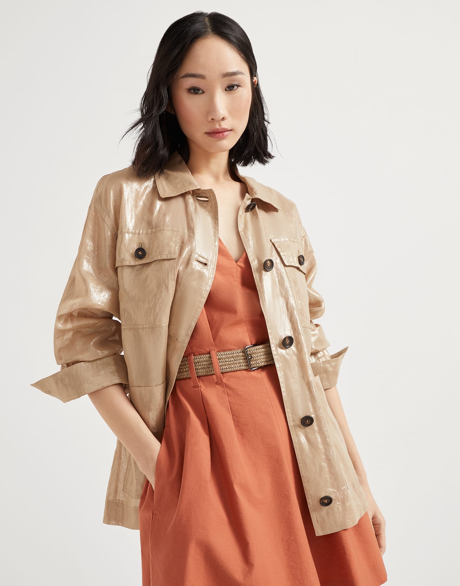 Lamé cotton gauze outerwear jacket with monili - 4