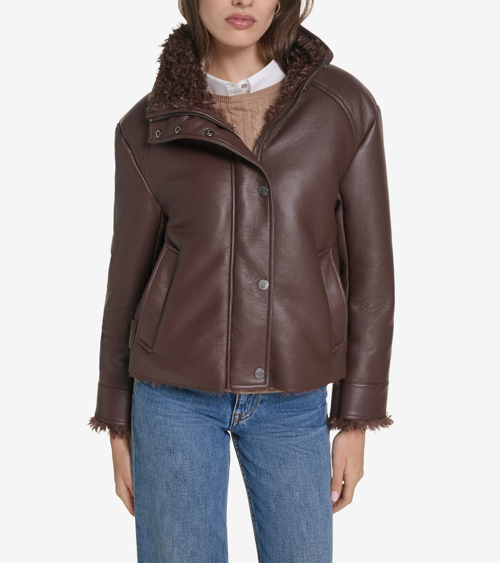 Women's Faux Long Hair Shearling Jacket - 1