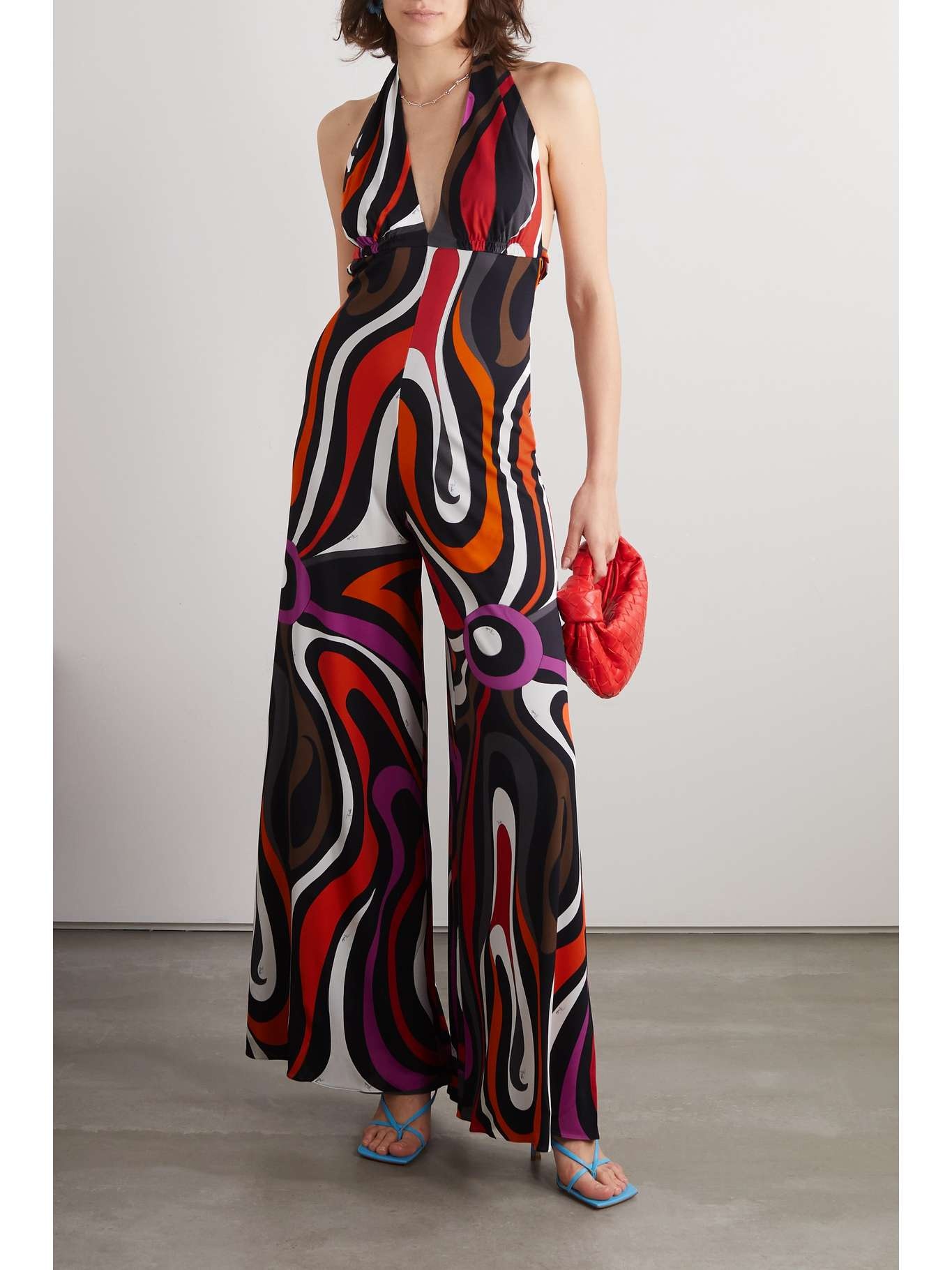 Printed silk satin-trimmed jersey halterneck jumpsuit - 2