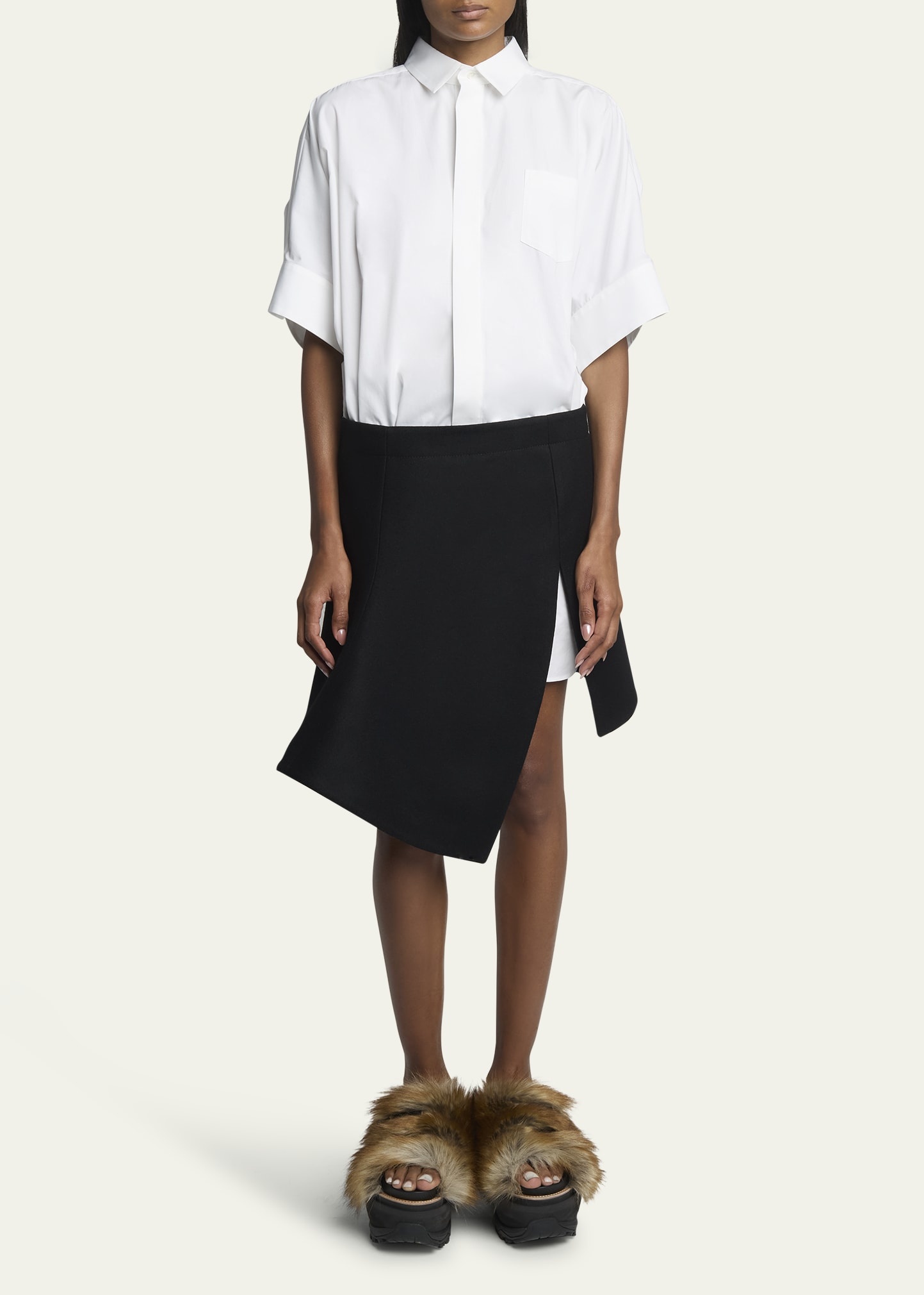 Button Down Midi Shirt Dress With Suiting Asymmetric Skirt - 2