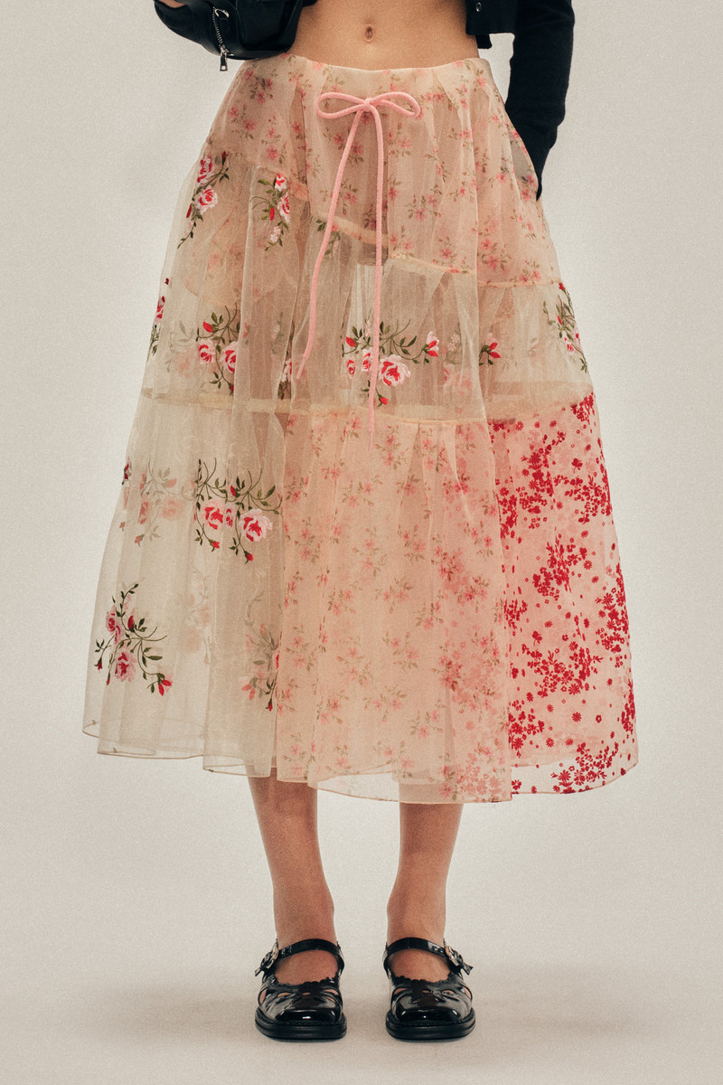 Sheer Overlay Long Patchwork Flounce Skirt 4