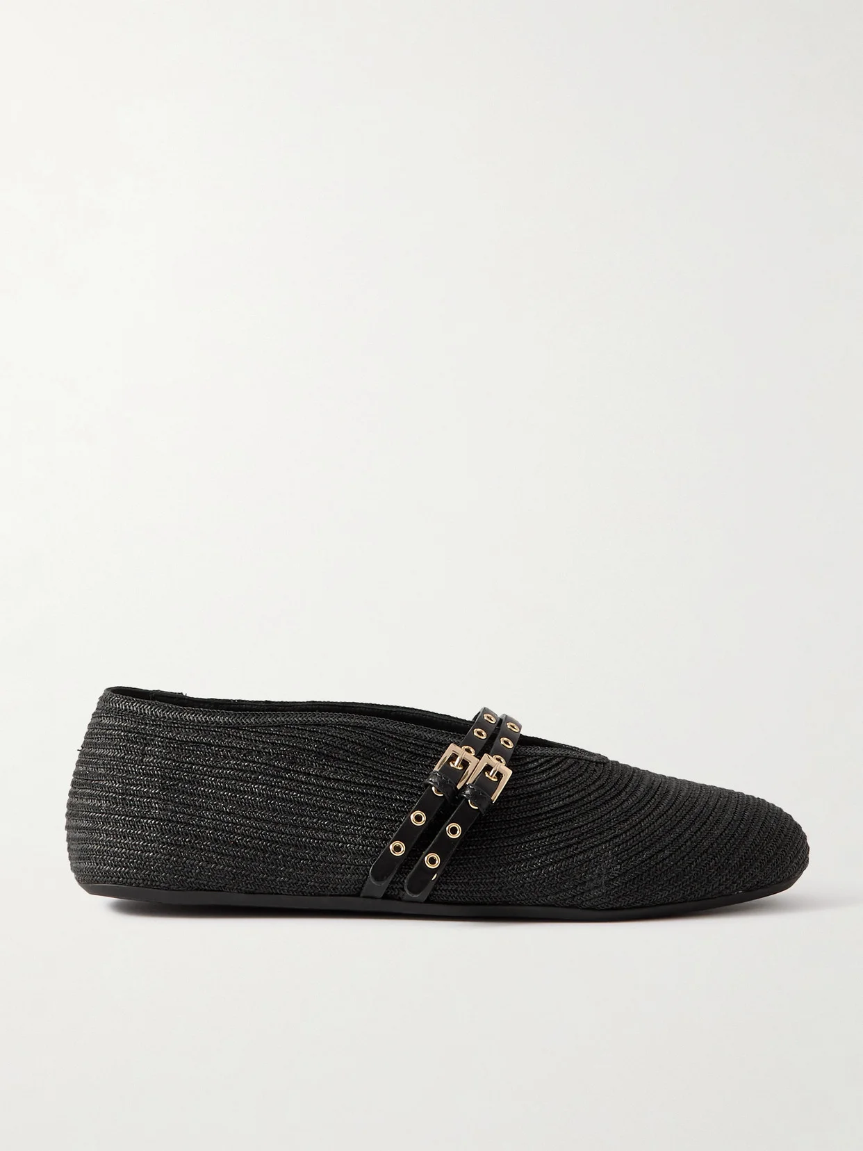 Leather-trimmed Raffia Ballet Flats - 1