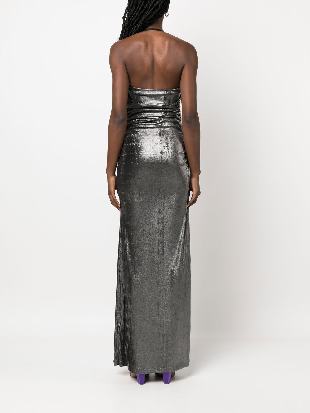 metallic ruched halterneck gown - 4