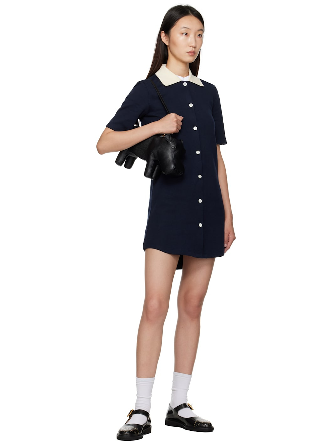 Navy Solid Double Face Knit Polo Minidress - 4