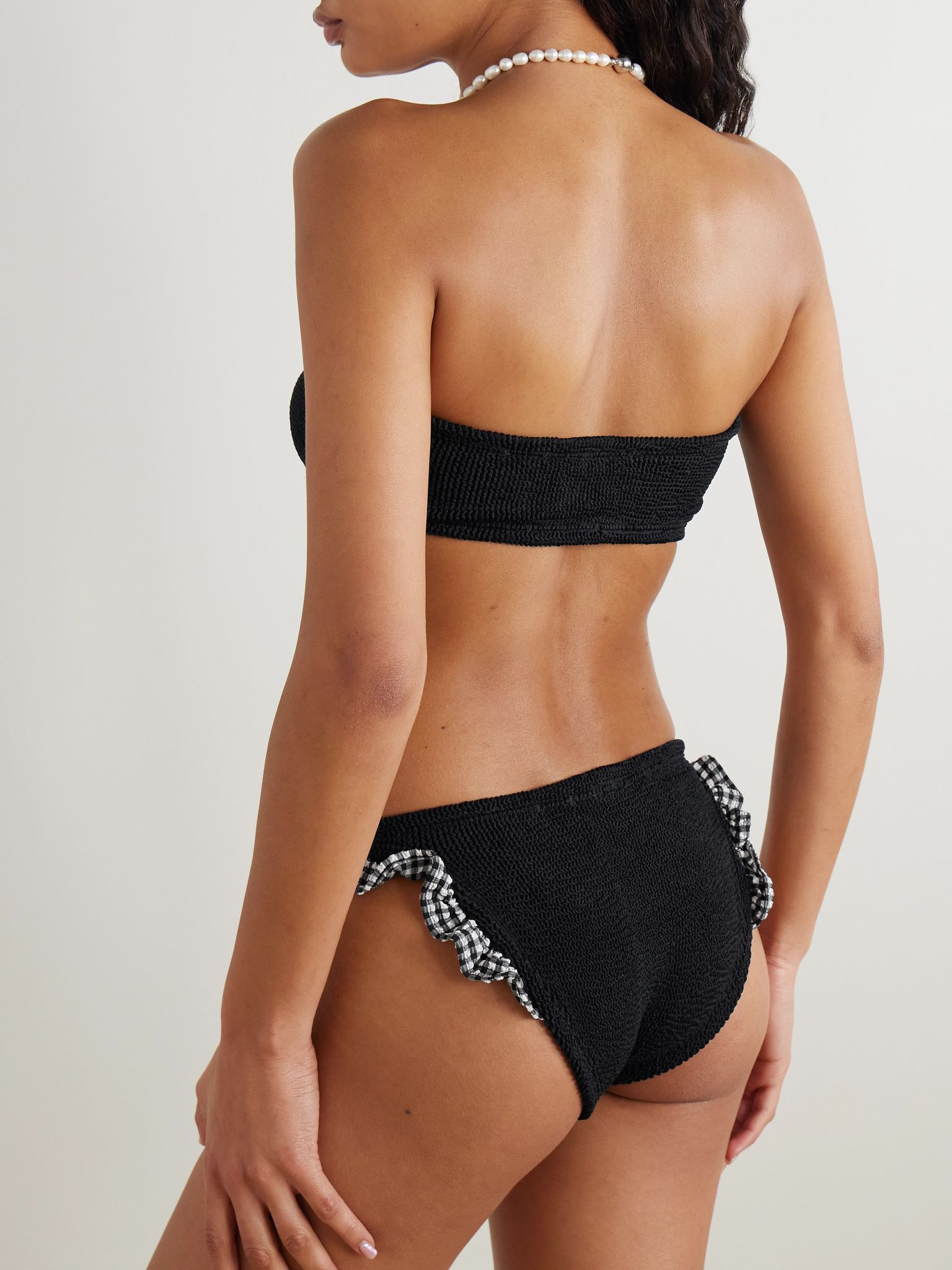 Jean ruffled gingham-trimmed seersucker bandeau bikini Black - 3