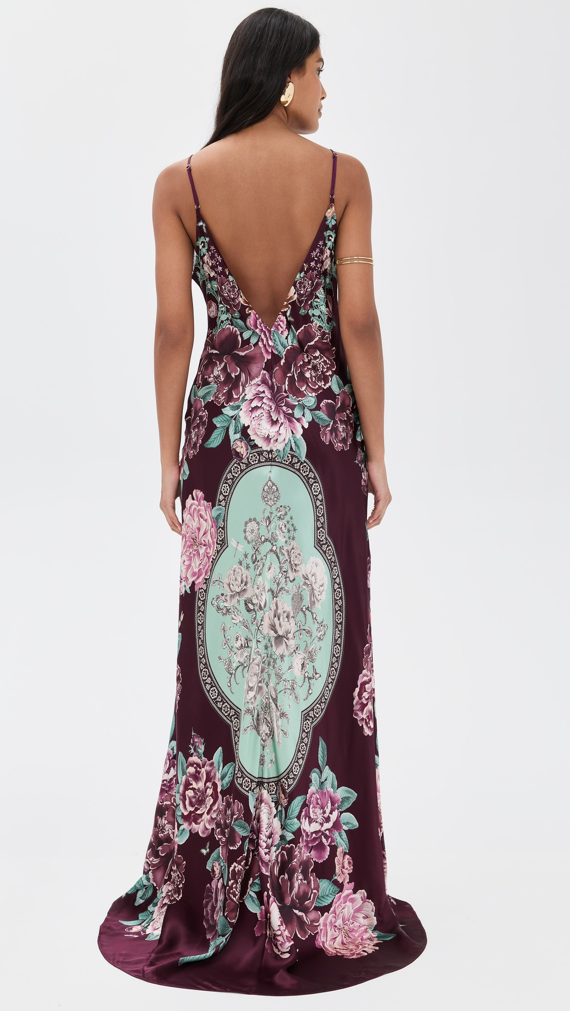 V Neck Long Bias Silk Slip Dress with Train - 2