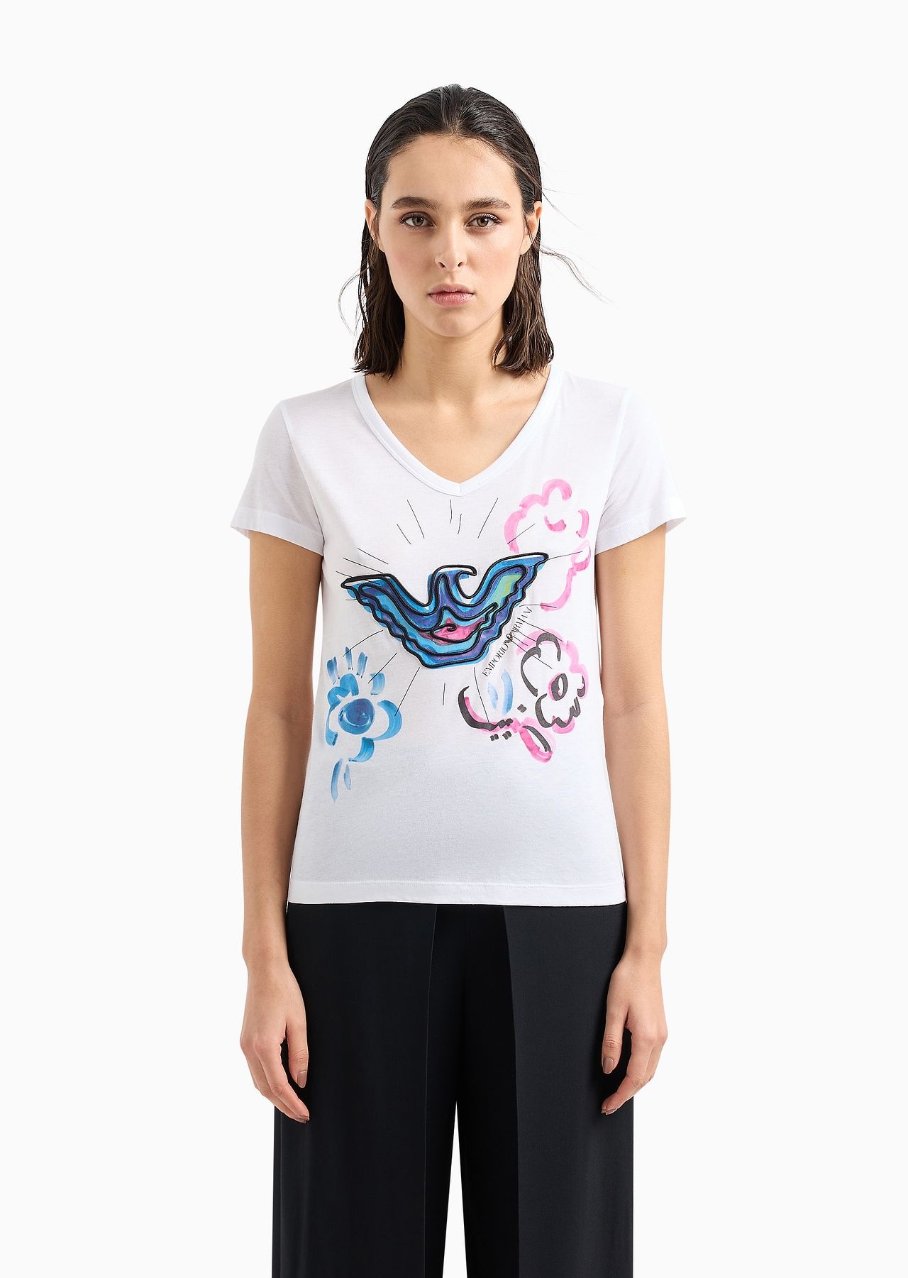 V-neck T-shirt in soft modal-blend jersey with eagle embroidery and print - 2