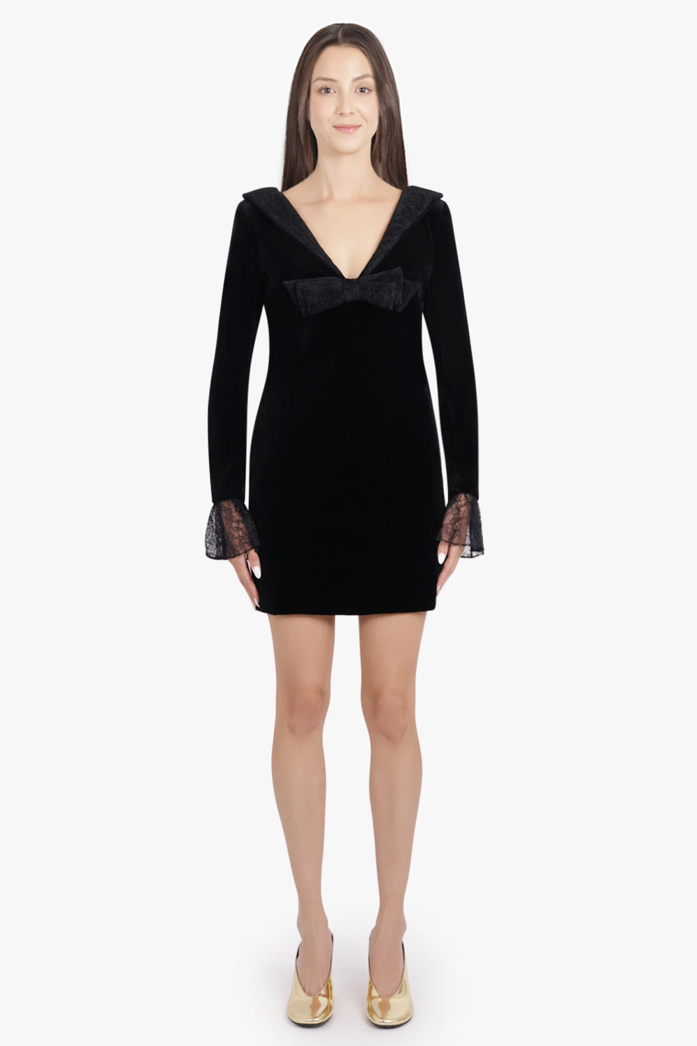 V NECKLINE VELVET MINI DRESS WITH LACE SLEEVES | BLACK - 3