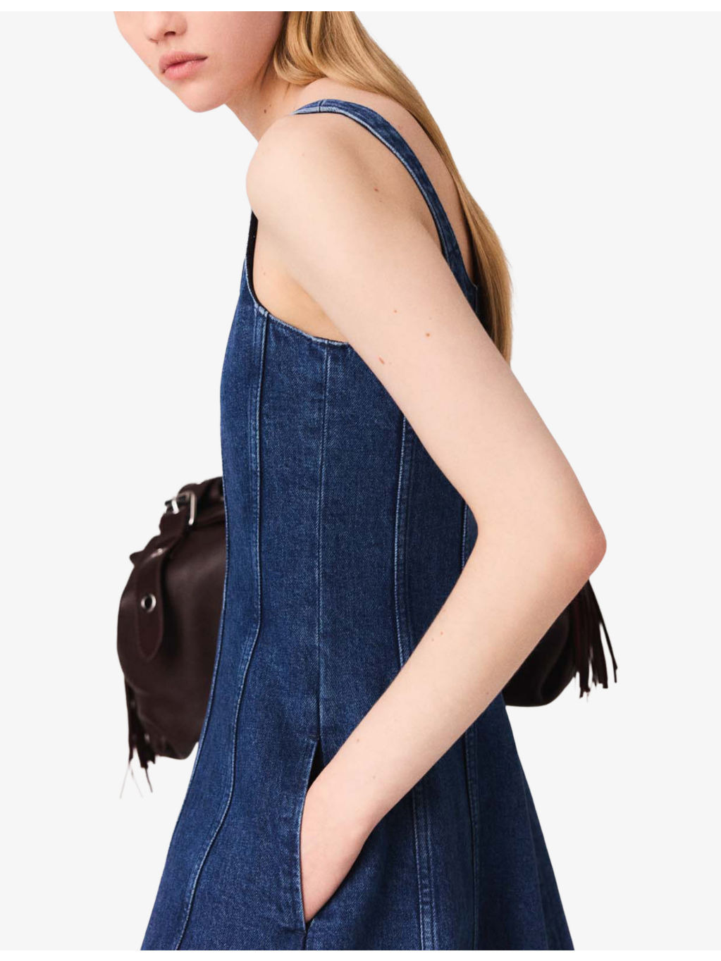 Round-Neck Flared-Skirt Sleeveless Stretch-Denim Midi Dress - 4
