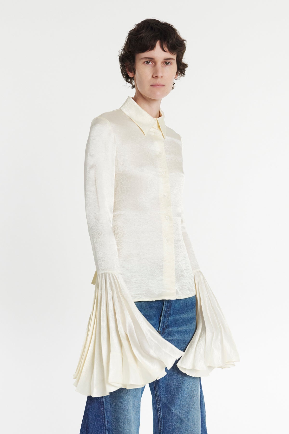 SATIN SHIRT WITH PLEATED BELL SLEEVES IVORY - 5