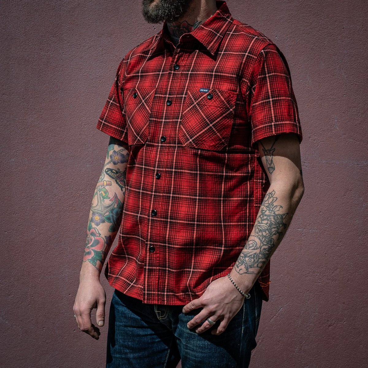 IHSH-392-RED 5oz Selvedge Short Sleeved Work Shirt - Red Vintage Check - 4