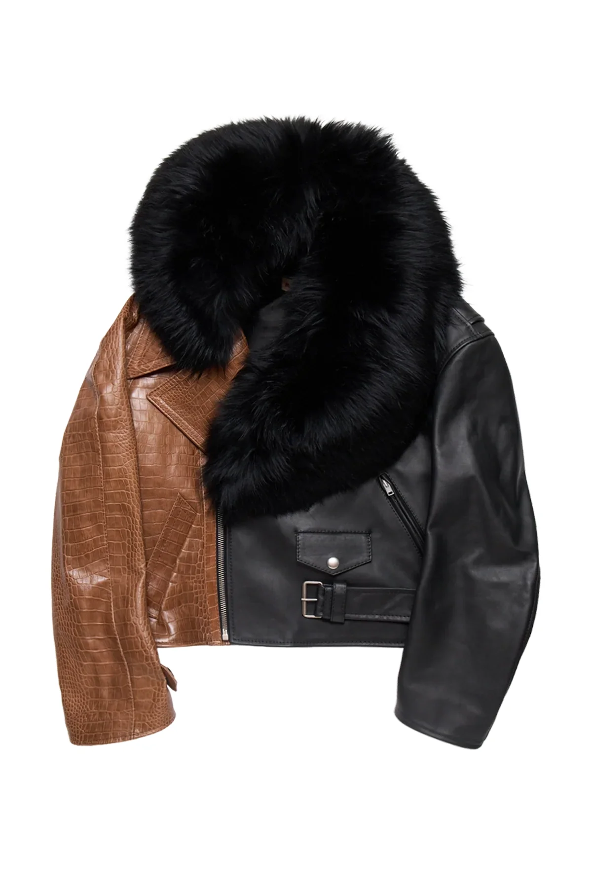Marni Two Tone Biker Leather Jacket With Fur Collar Black - 1