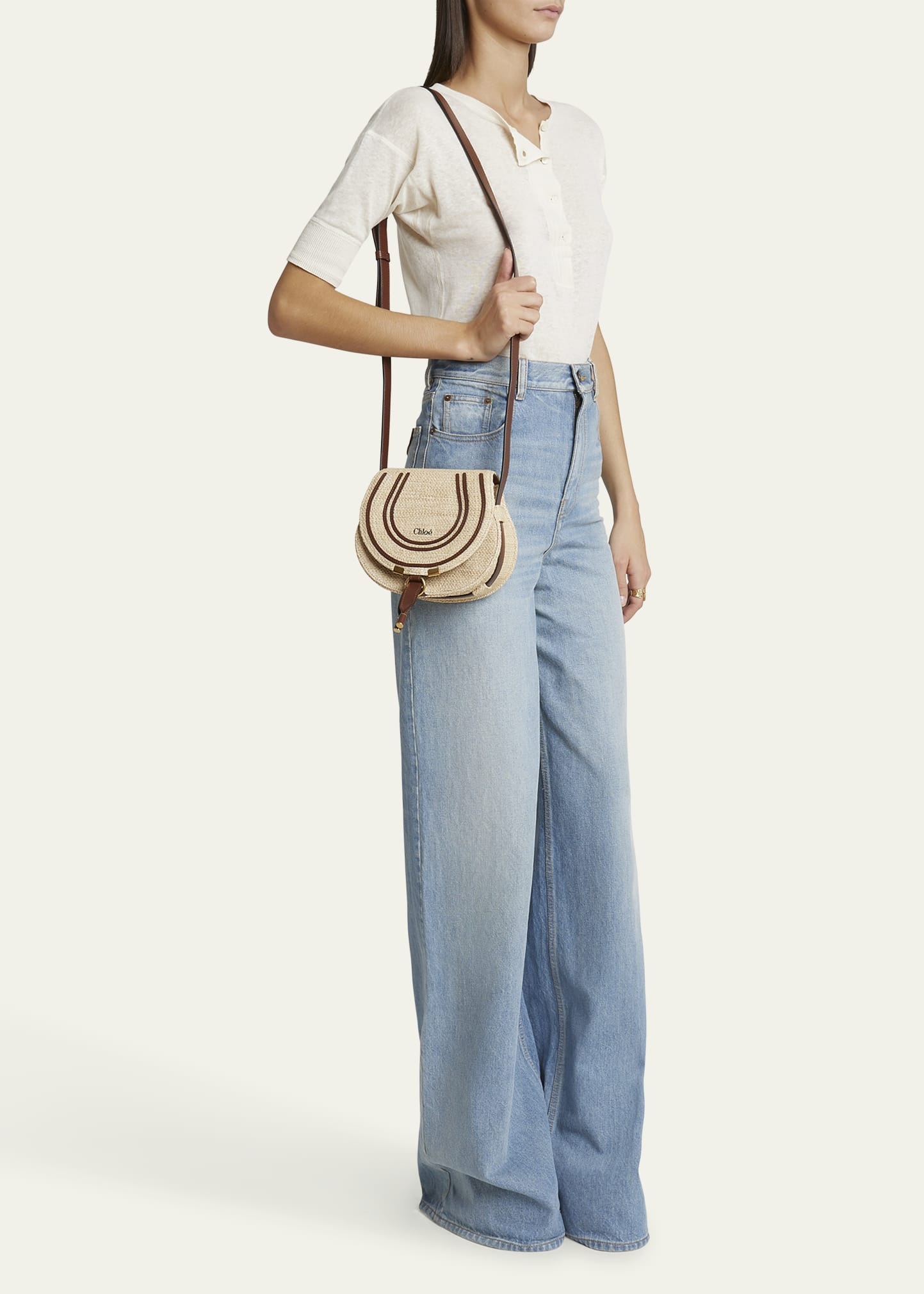 Marcie Flap Saddle Crossbody Bag in Raffia Fabric and Leather - 6