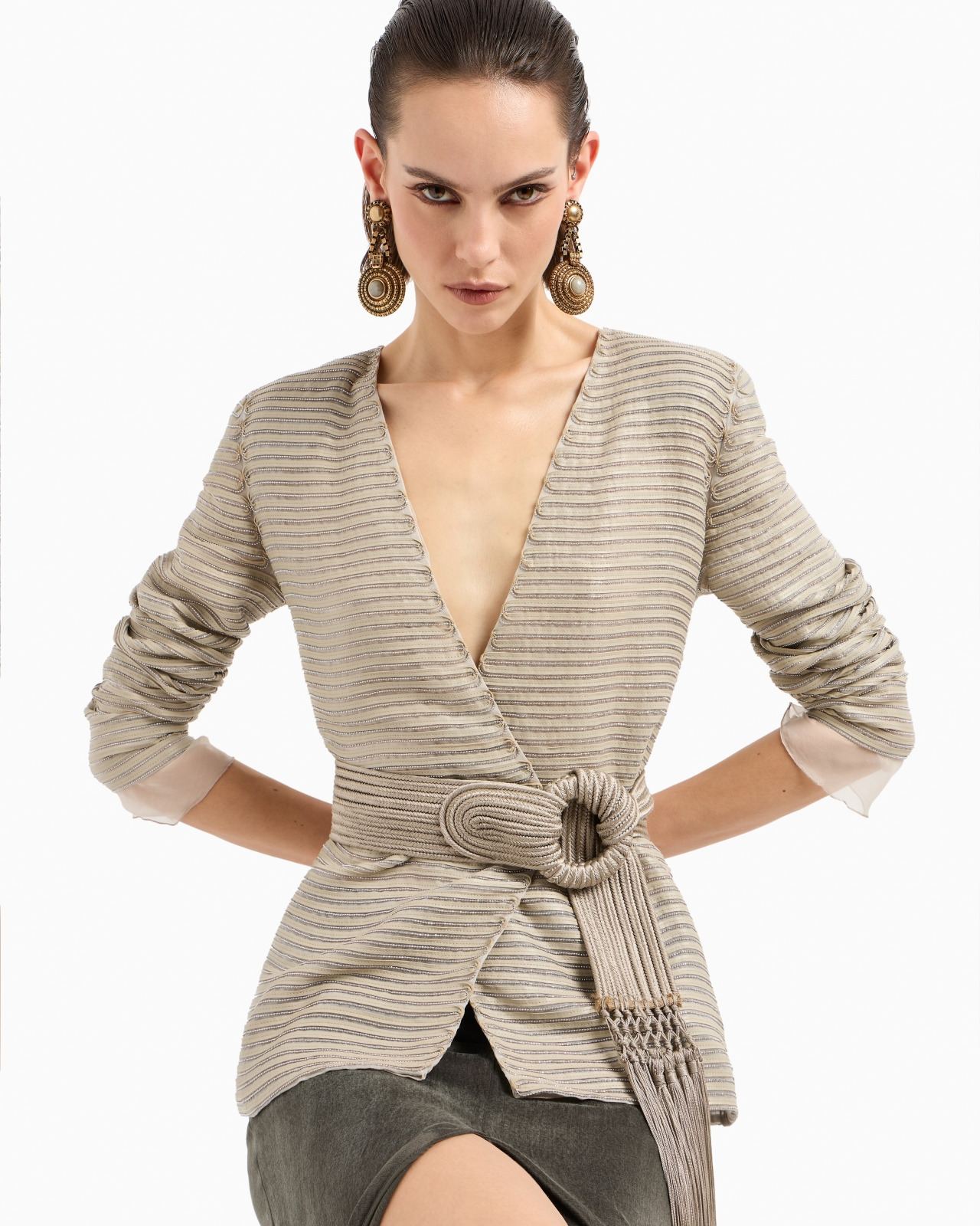 SINGLE-BREASTED JACKET IN SILK CHIFFON WITH EMBROIDERED SUEDE WEBBING - 6