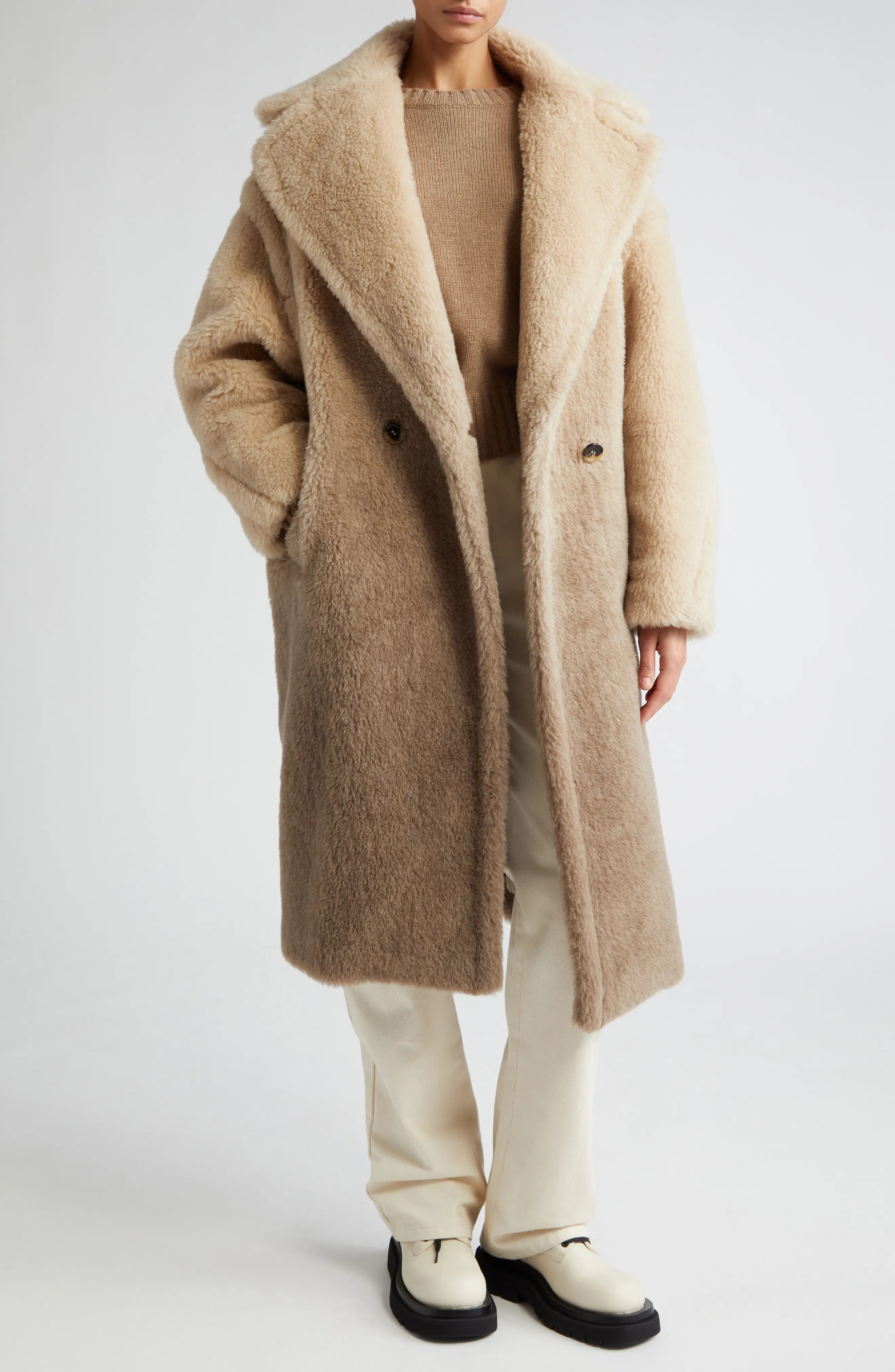 ムートン・ファーコート Max Mara Teddy Icon Coat In Beige Degrade Cat Teddy bear icon cashmere coat Max Mara Beige size S