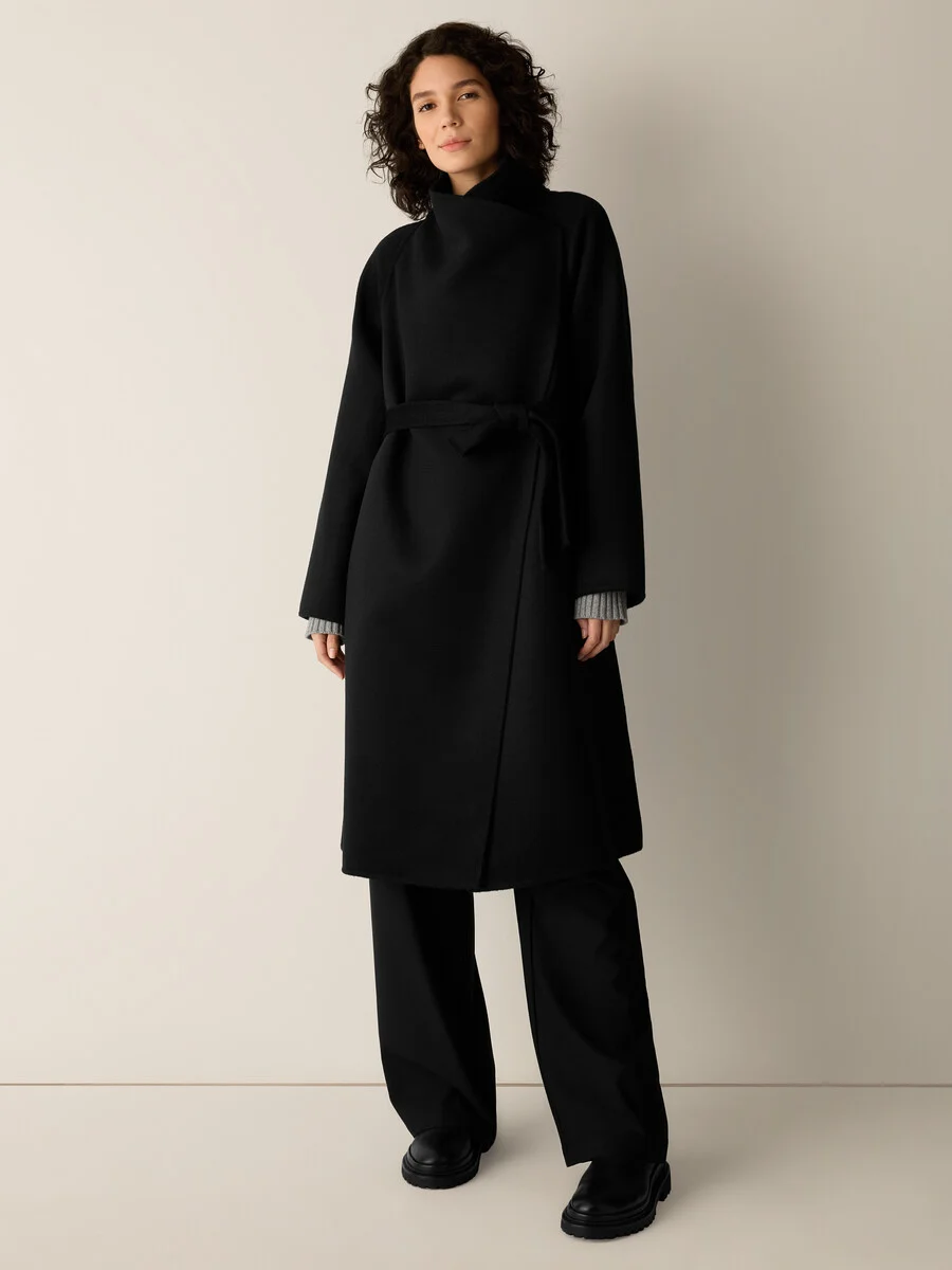 Lustrous Wool Drape Neck Coat - 1
